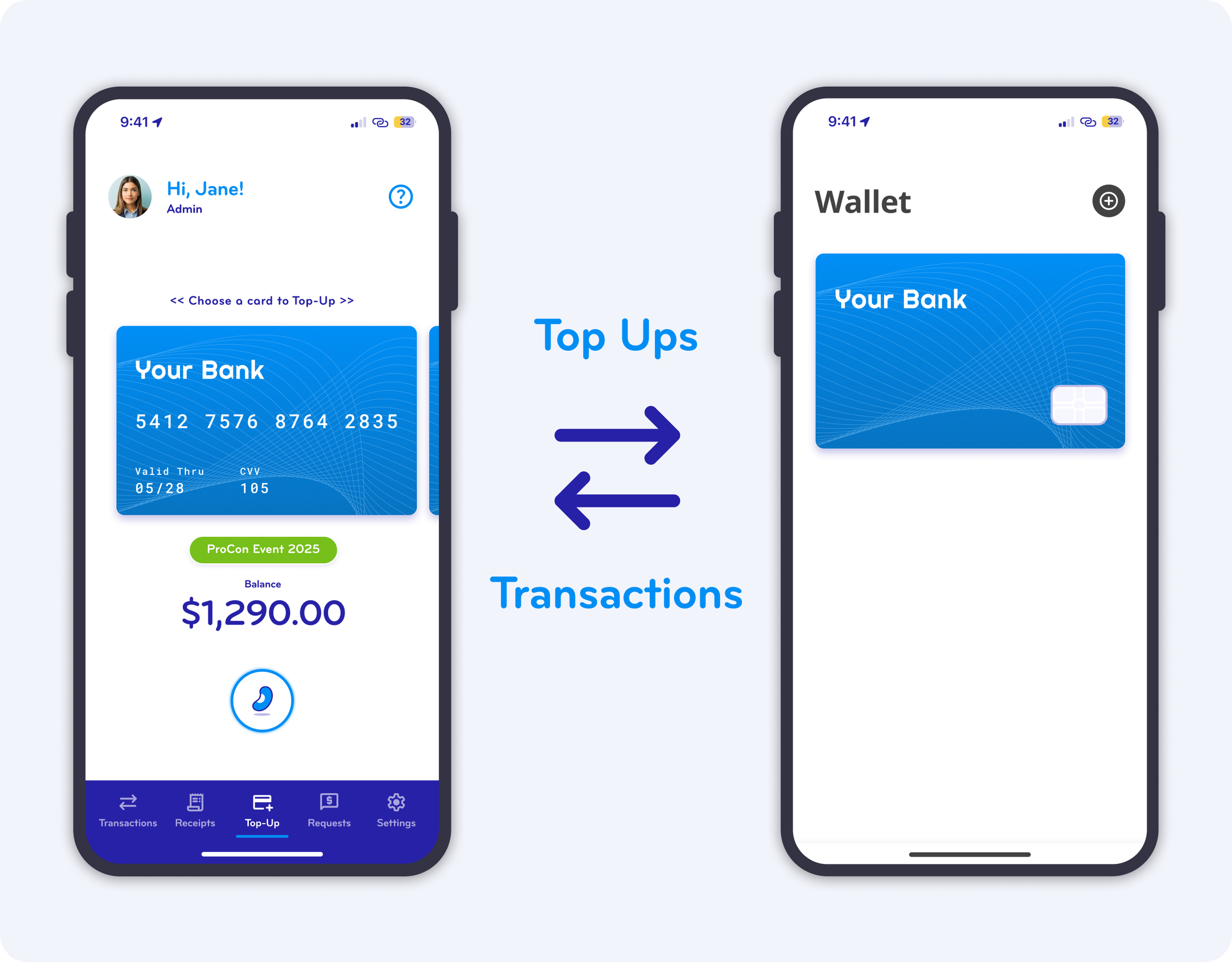 Two smartphones displaying a bank app with options for topping up the account and viewing transactions. The left phone shows the main account page with balance, card details, and navigation bar. The right phone shows a screen with a digital bank card.