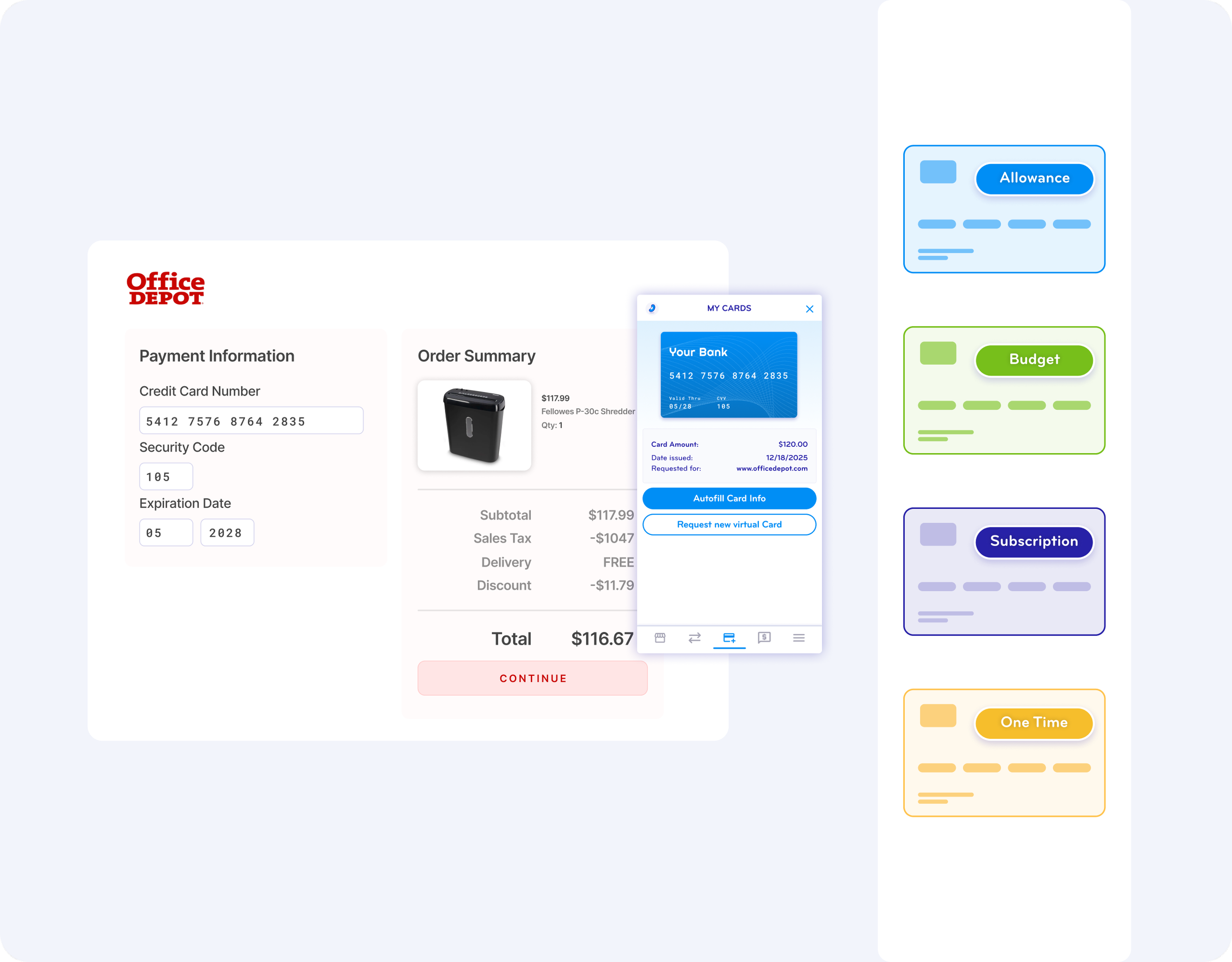 Online shopping checkout page for Office Depot with credit card payment info, order summary including a shredder, and various categorized colored card options on the right.