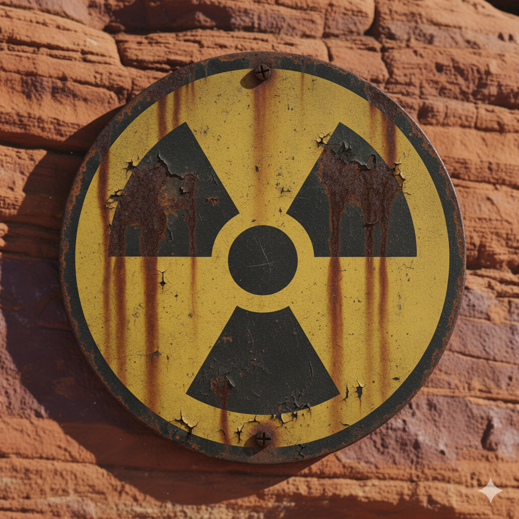 A rusty, weathered radiation warning sign with a yellow background and black nuclear symbol, mounted on a brick wall.