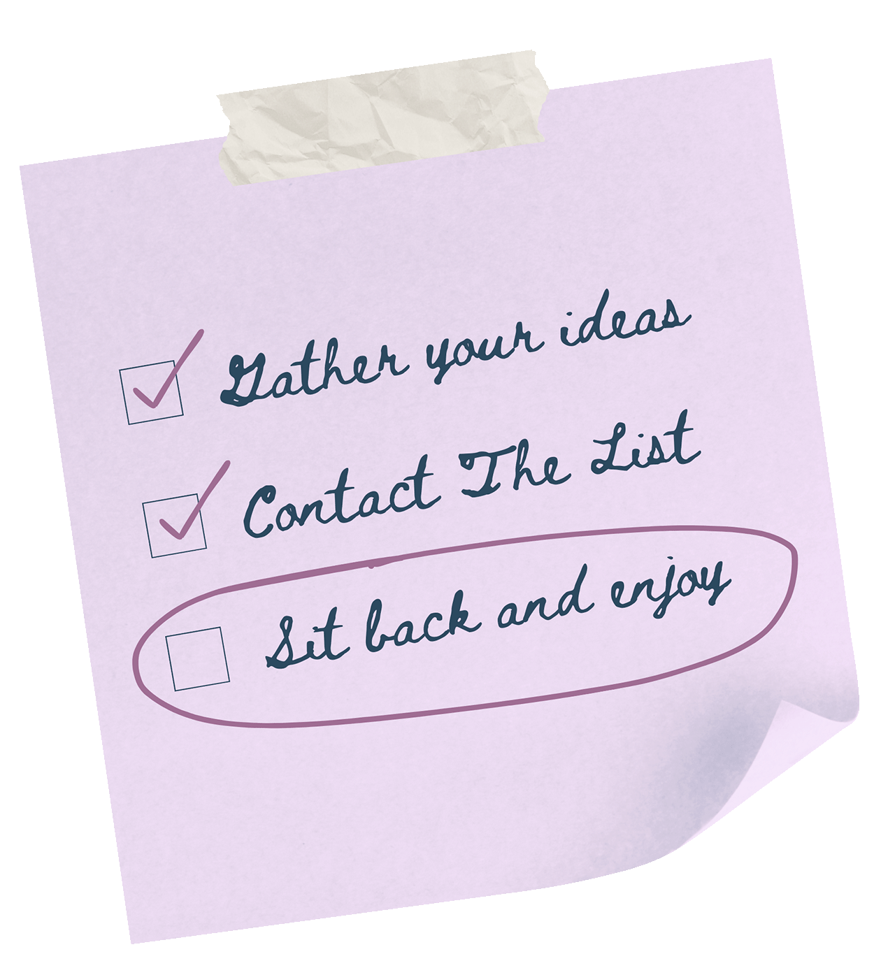 Lavender sticky note checklist for specialty interior painting in MN, featuring the steps "Gather your ideas," "Contact The List," and "Sit back and enjoy."