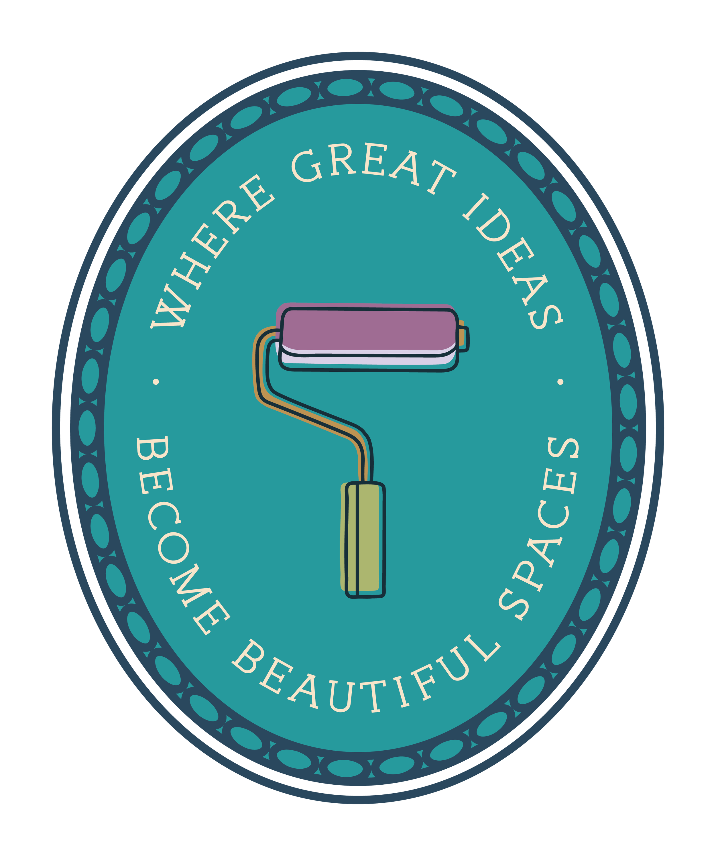 Circular teal and navy branding submark for The List featuring a paint roller icon and the tagline "Where great ideas become beautiful spaces," representing professional interior painting in Minneapolis.
