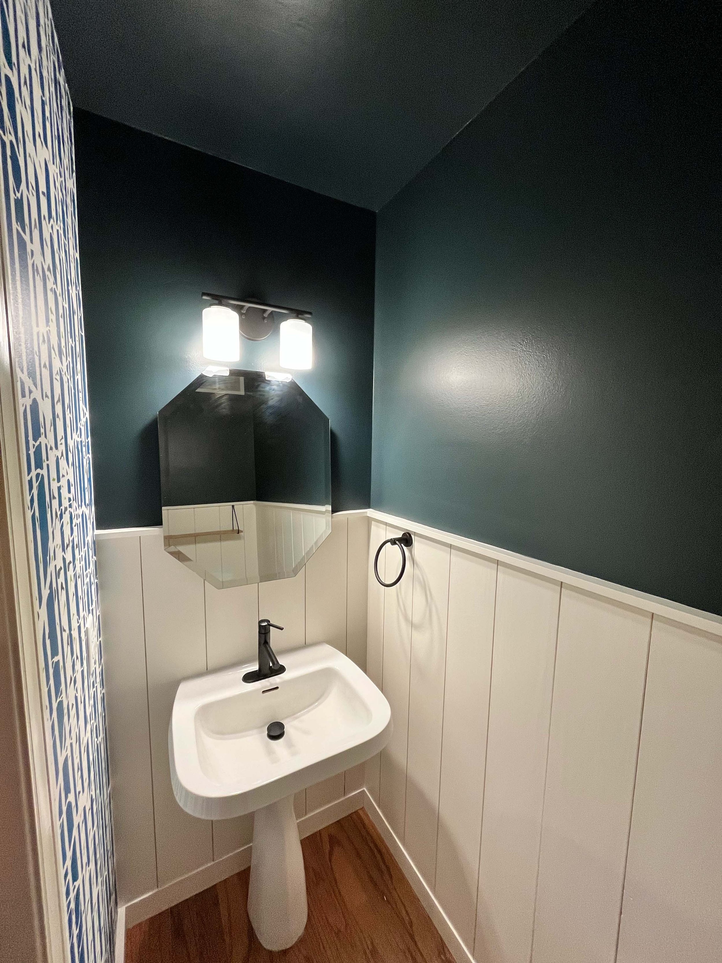 High-contrast bathroom design featuring a moody dark accent wall and crisp white wainscoting by a professional painting team.