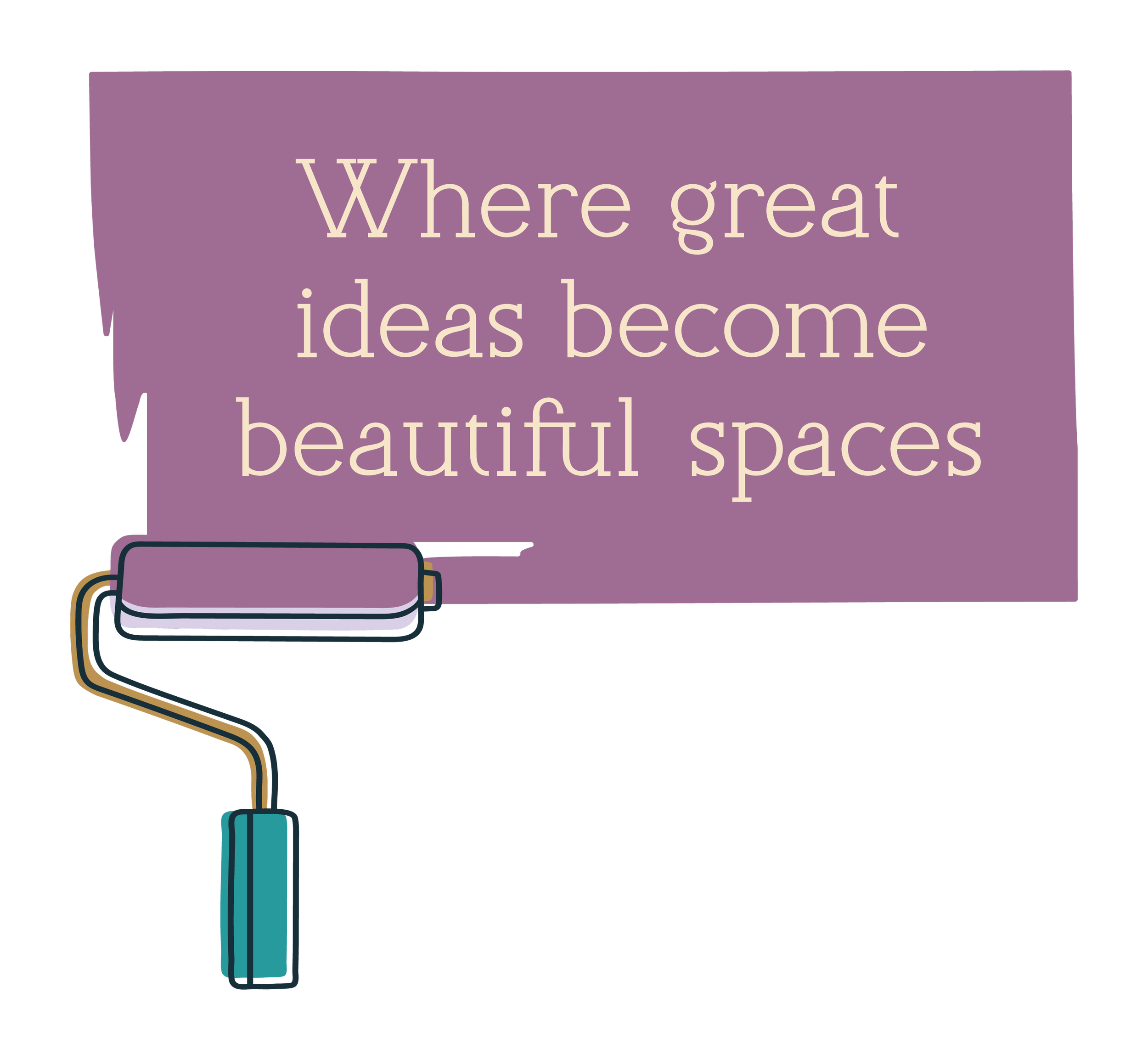 Purple tagline box for The List with the text "Where great ideas become beautiful spaces" and a paint roller icon, representing professional painting contractors in Minneapolis.