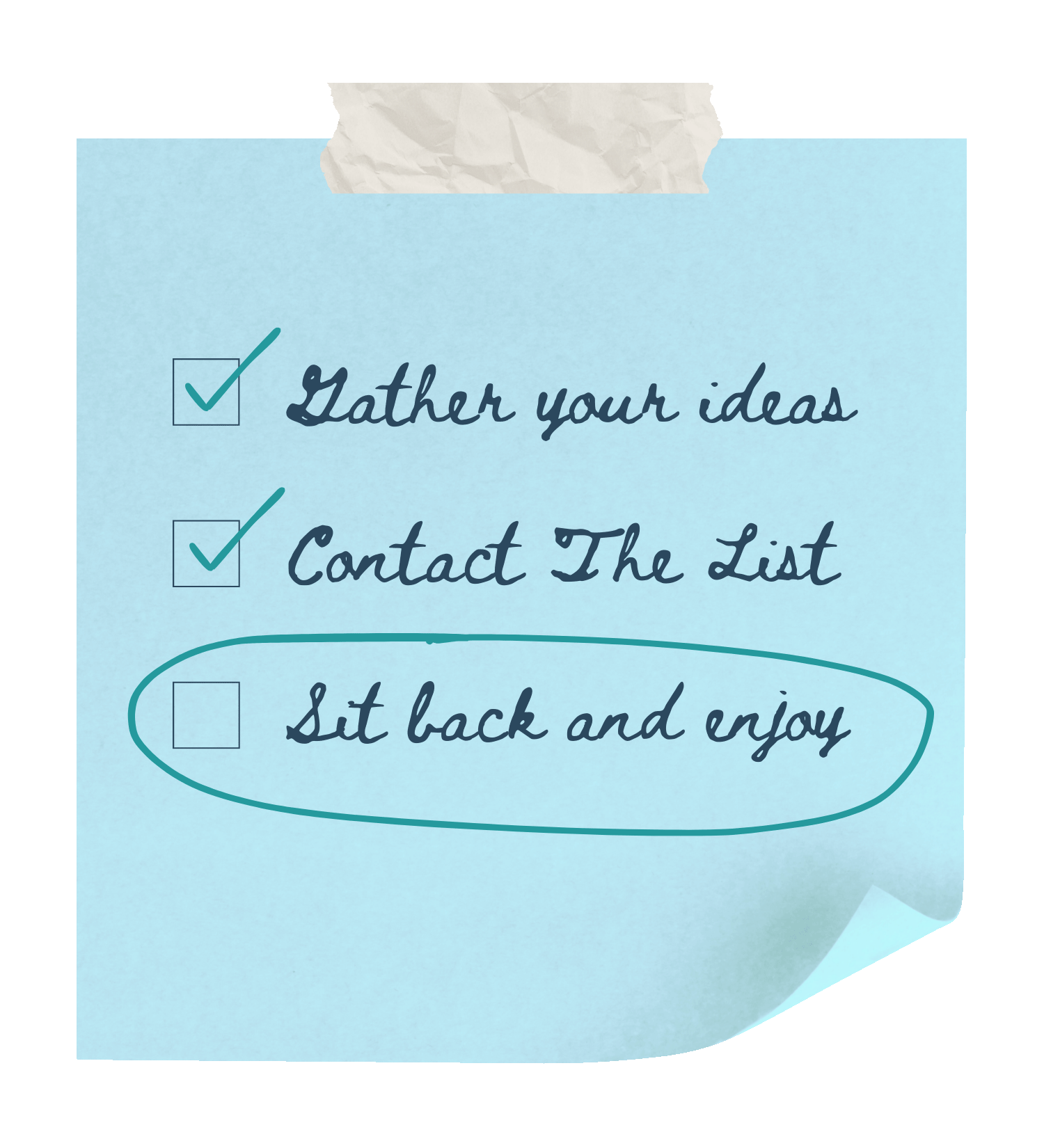 Branded blue sticky note element showing the three-step service process for The List painting company.