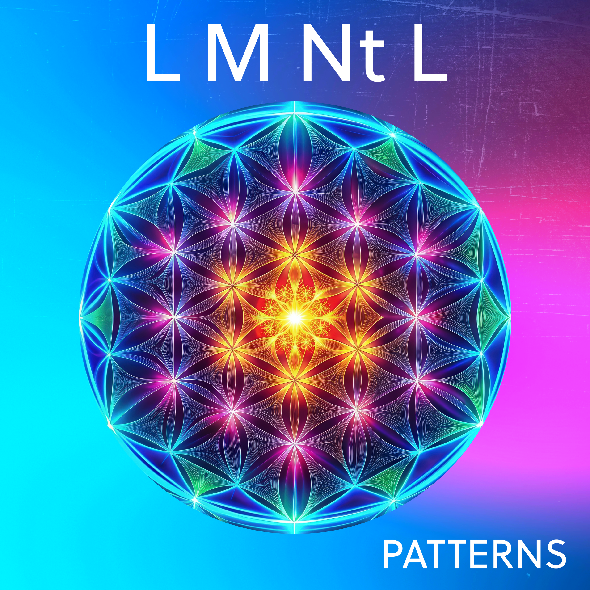 Colorful geometric pattern resembling a glowing mandala with intricate overlapping shapes and vibrant colors against a gradient blue and pink background.