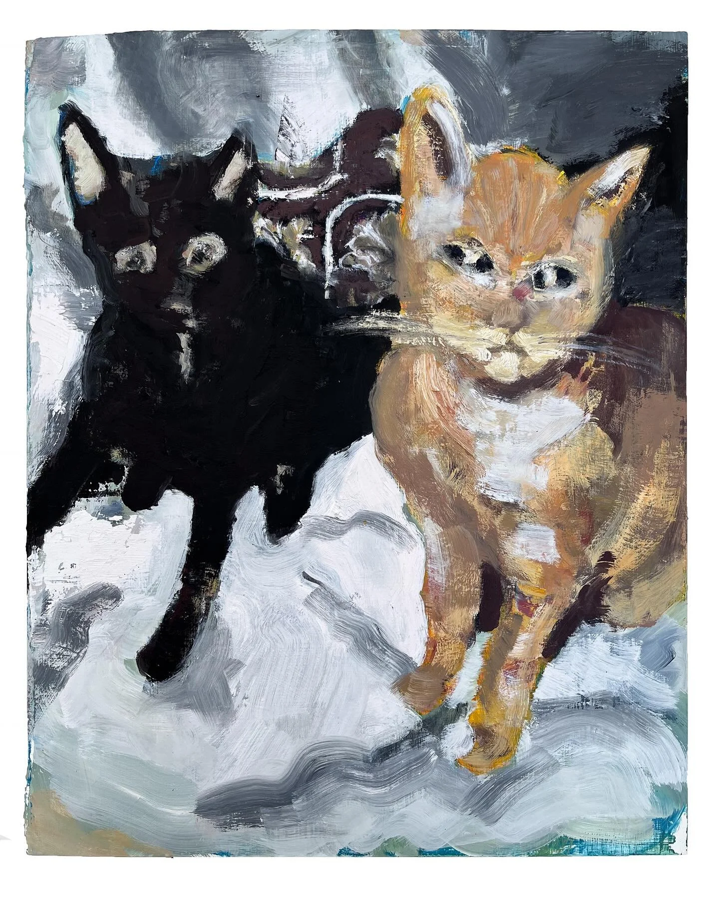 Roux and Chicken
Oil on Masonite
20 3/4&rdquo; x 16 1/2&rdquo;
2025
_
The Ramsey&rsquo;s love weird little cats. Reminiscing of a moment right after Mama Roux and Chicken were fighting each other. I loved getting see these rascals back home in New Or