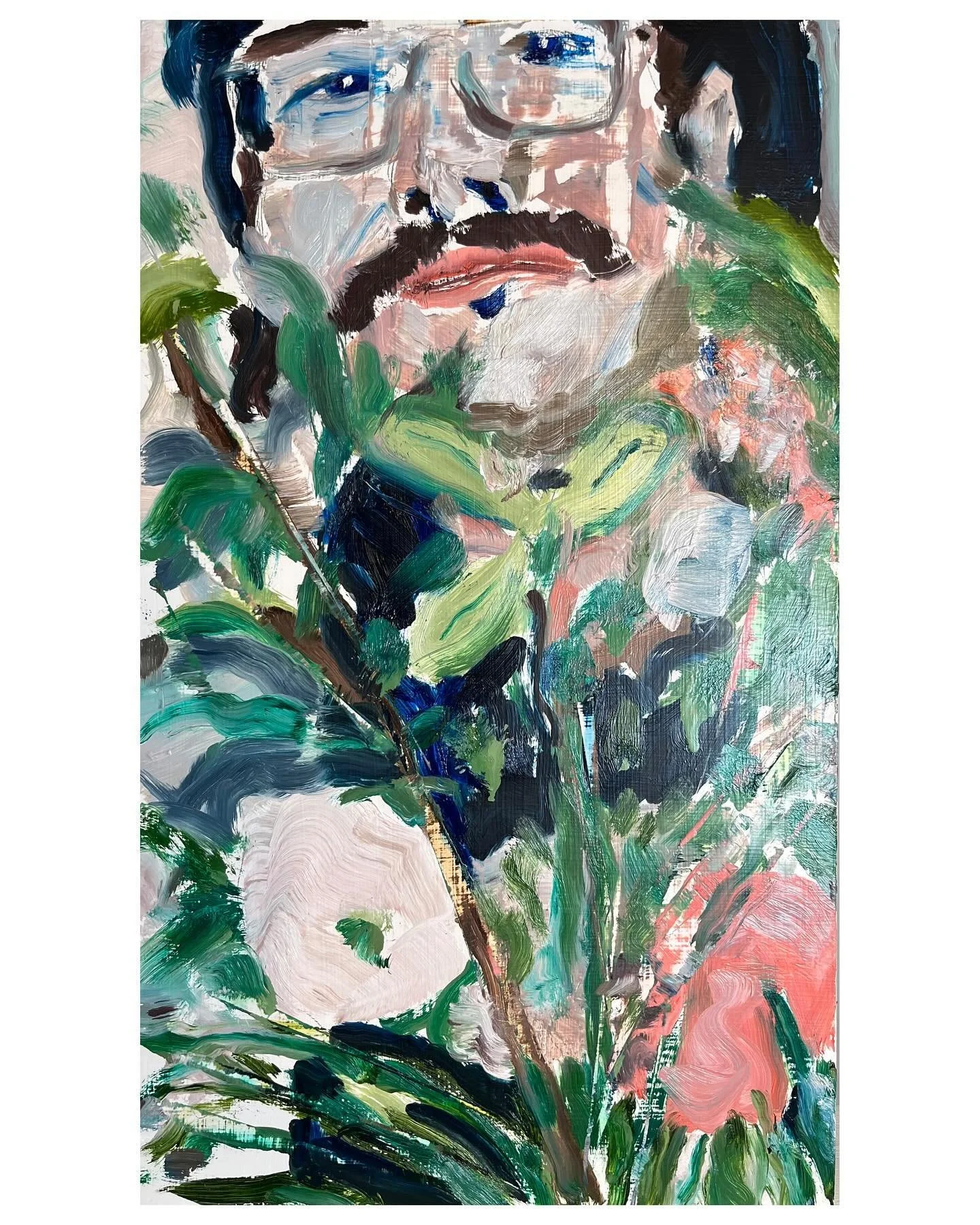 Self Portrait with Flowers 
Oil on Masonite
2024
16 1/4 x 9 5/8 in. 
_
A very quick, one pass painting I made a few days ago to clear my head on some bigger pieces I&rsquo;m working on. Sometimes a painting happens in an hour and sometimes it takes s