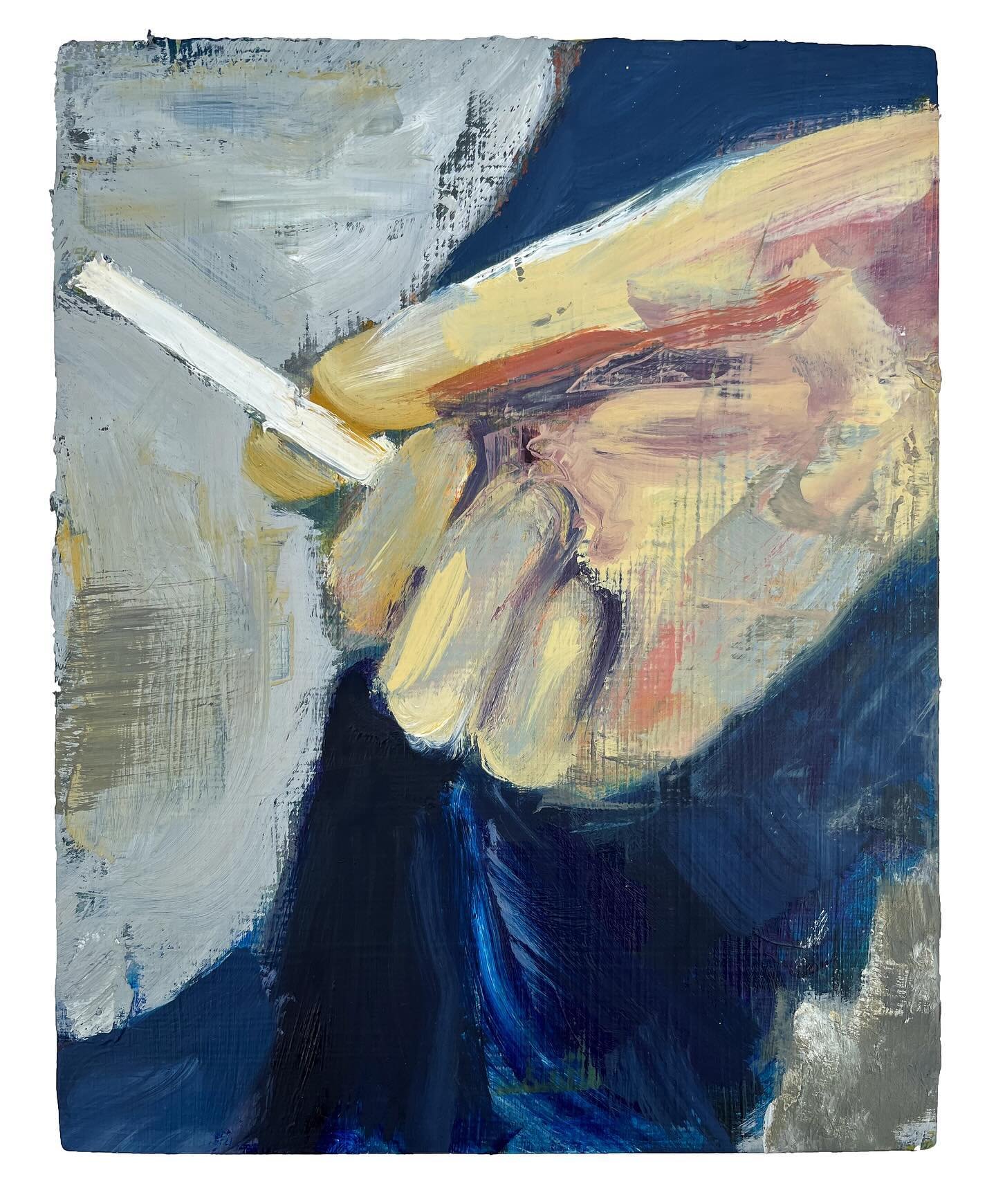 June&rsquo;s Cigarette 
10 x 8 in
Oil on panel 
_
Slide for details and Polaroid source image. 
Photograph of @injunee from earlier this year in NYC.