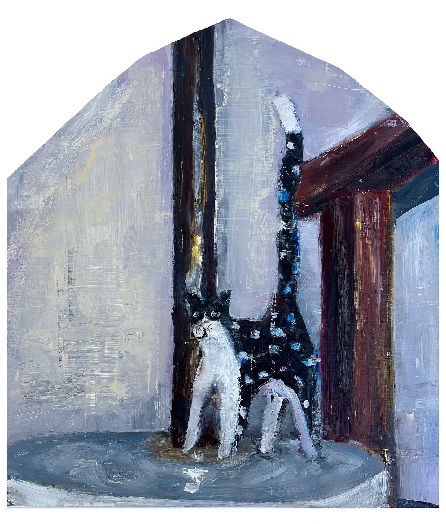 Still Life with Cat
2024
Oil on Masonite
15 x 13 1/2 in
_
I made this silly painting for a site specific open call recently. I didn&rsquo;t get in, so I reworked it and now I have a really bizarre shaped panel with this painting of a goofy looking ca