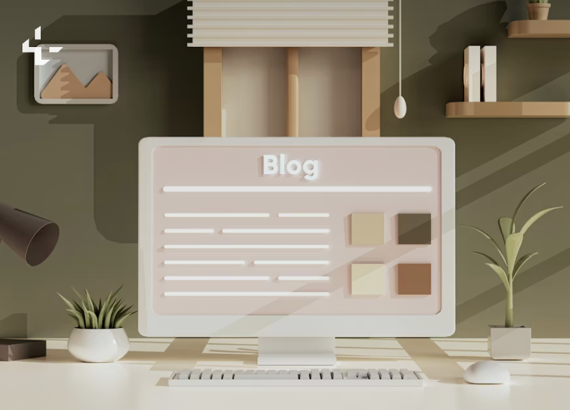 Ein moderner Arbeitsplatz mit einem Computerbildschirm, der einen Blog zeigt, umgeben von Pflanzen, Bücherregalen und dekorativen Elementen.