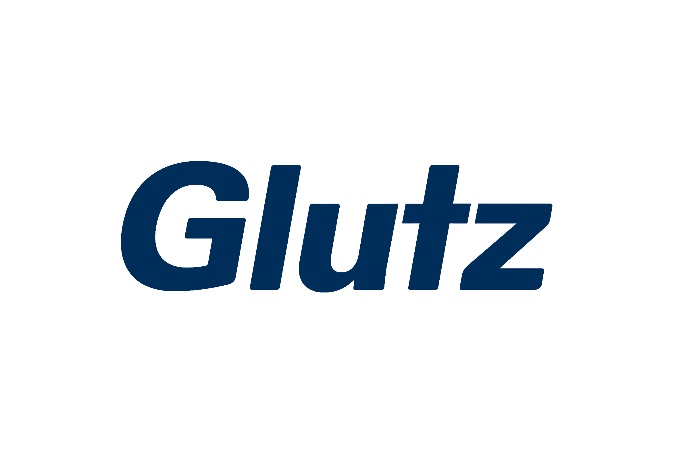 Das Bild zeigt den Schriftzug 'Glutz' in blauer Schrift auf schwarzem Hintergrund.