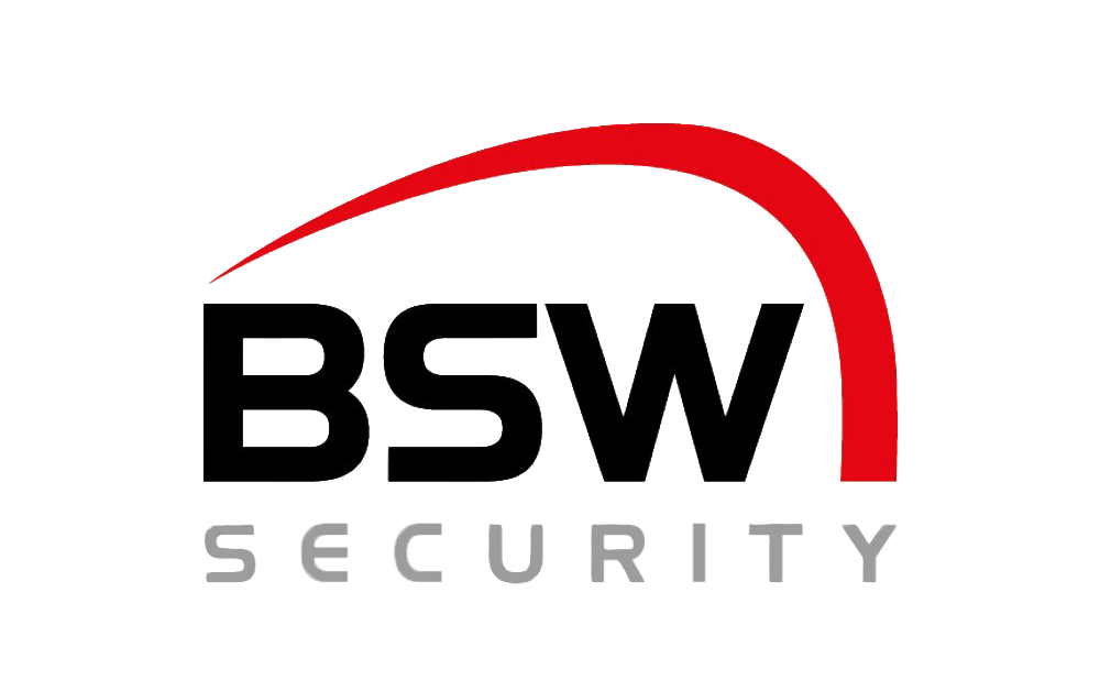 Logo mit den schwarzen Buchstaben BSW und dem Wort SECURITY darunter, kombiniert mit einem roten Bogen, der wie ein Halbring aussieht.