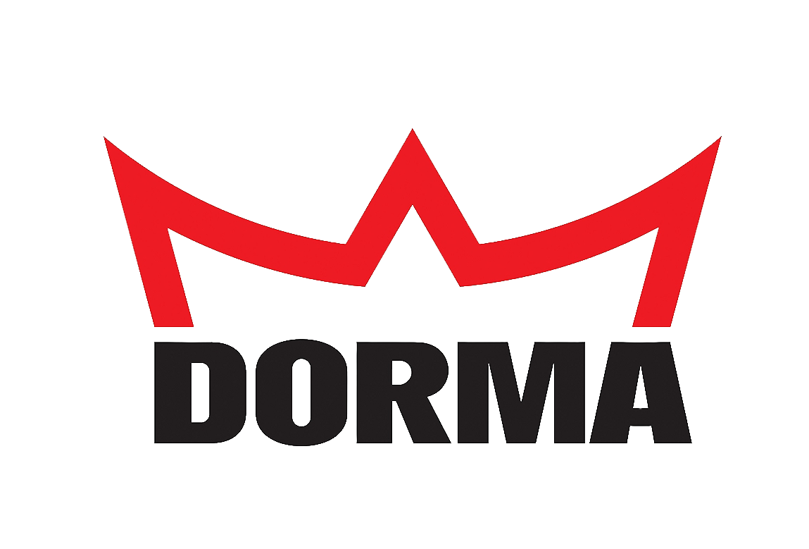 Grafik mit roten Linien, die eine Auf- und Abwärtsbewegung zeigen, und dem Wort "DORMA" in schwarzen Buchstaben darunter.