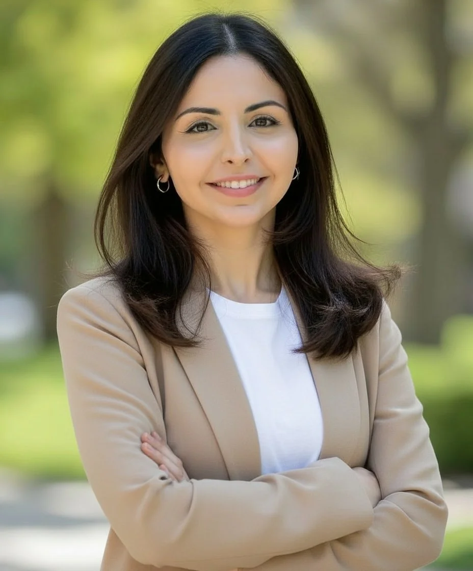 A woman with dark hair, smiling, standing outdoors with trees in the background, crossing her arms, wearing a beige blazer and white shirt.