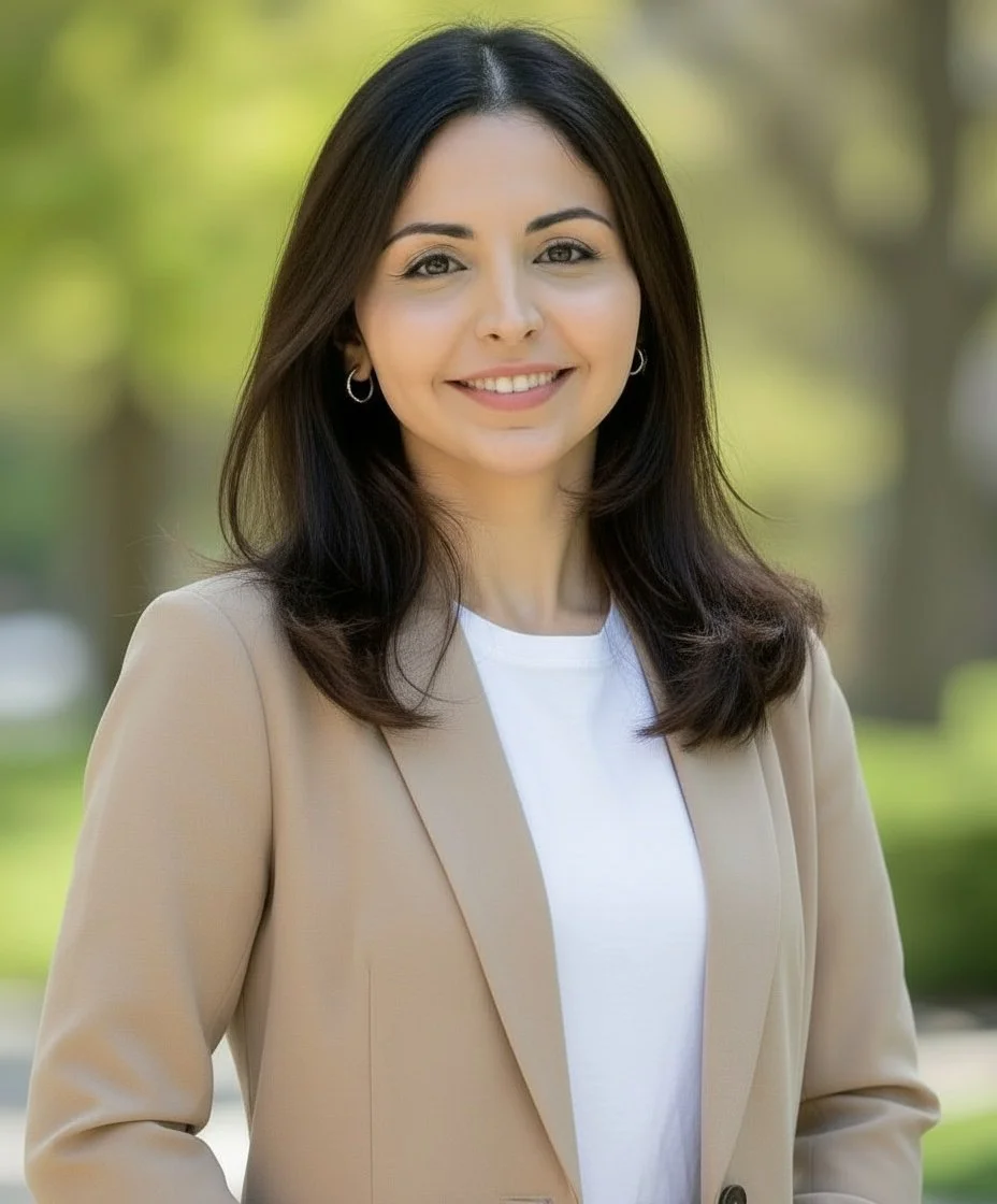 Portrait of a smiling woman with dark hair, wearing a beige blazer and white top, outdoors with blurred trees in background.
