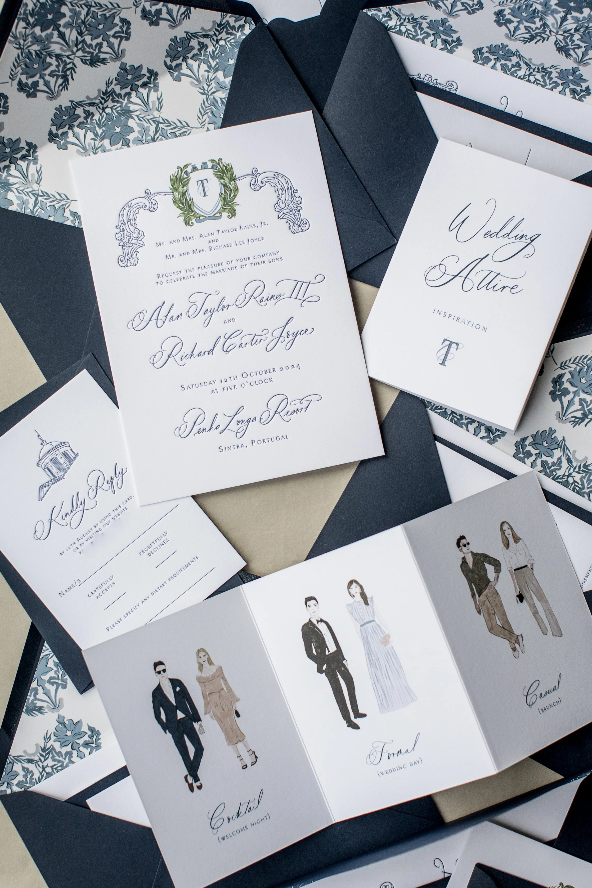 A collection of wedding invitation cards and RSVP cards with elegant script font and illustrations, including a wedding itinerary with fashion illustrations of different outfits for wedding day, brunch, and welcome night, all arranged on a decorative
