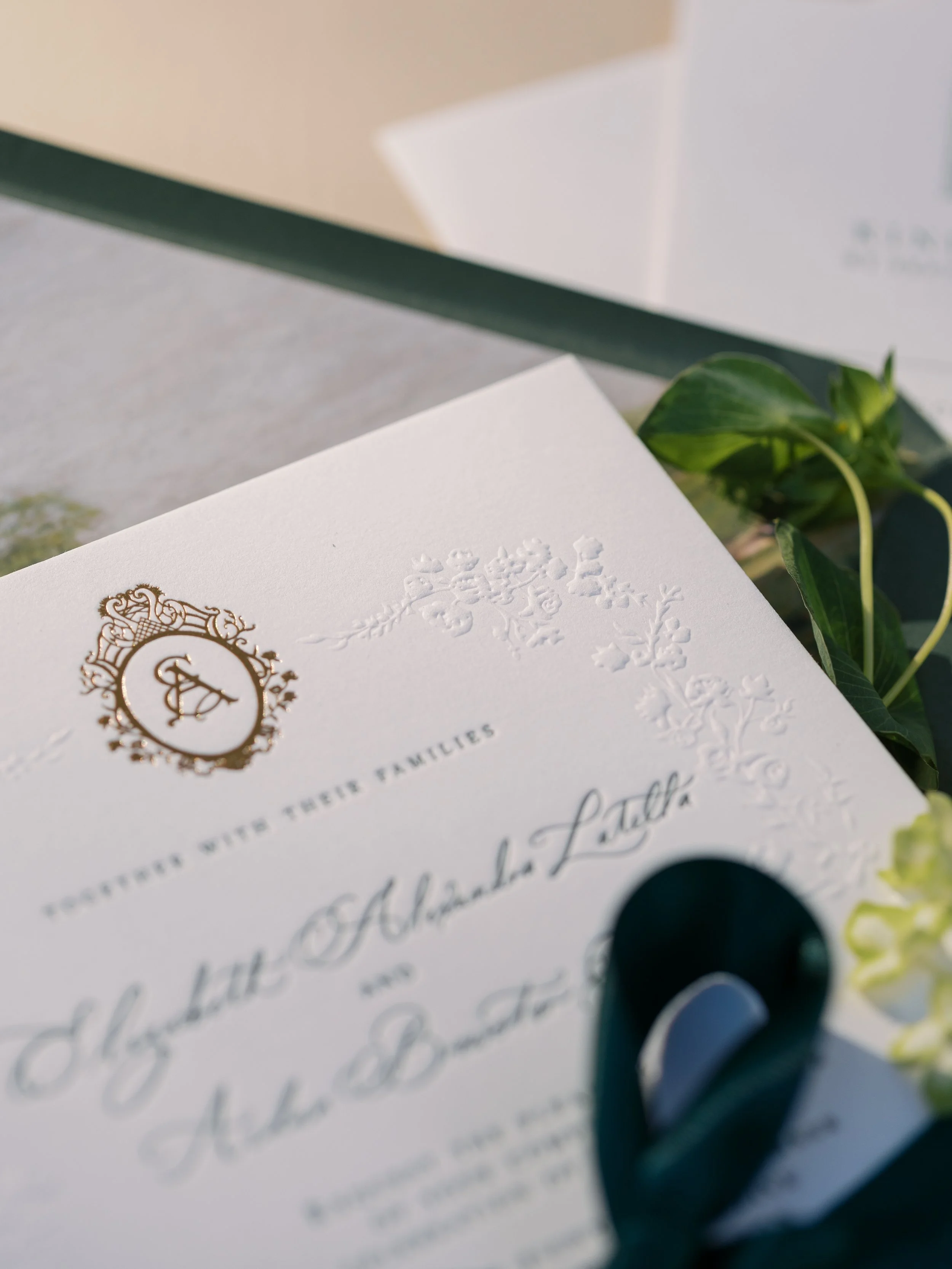 Embossed wedding invitation with gold foil and letterpress for an American wedding in New Jersey