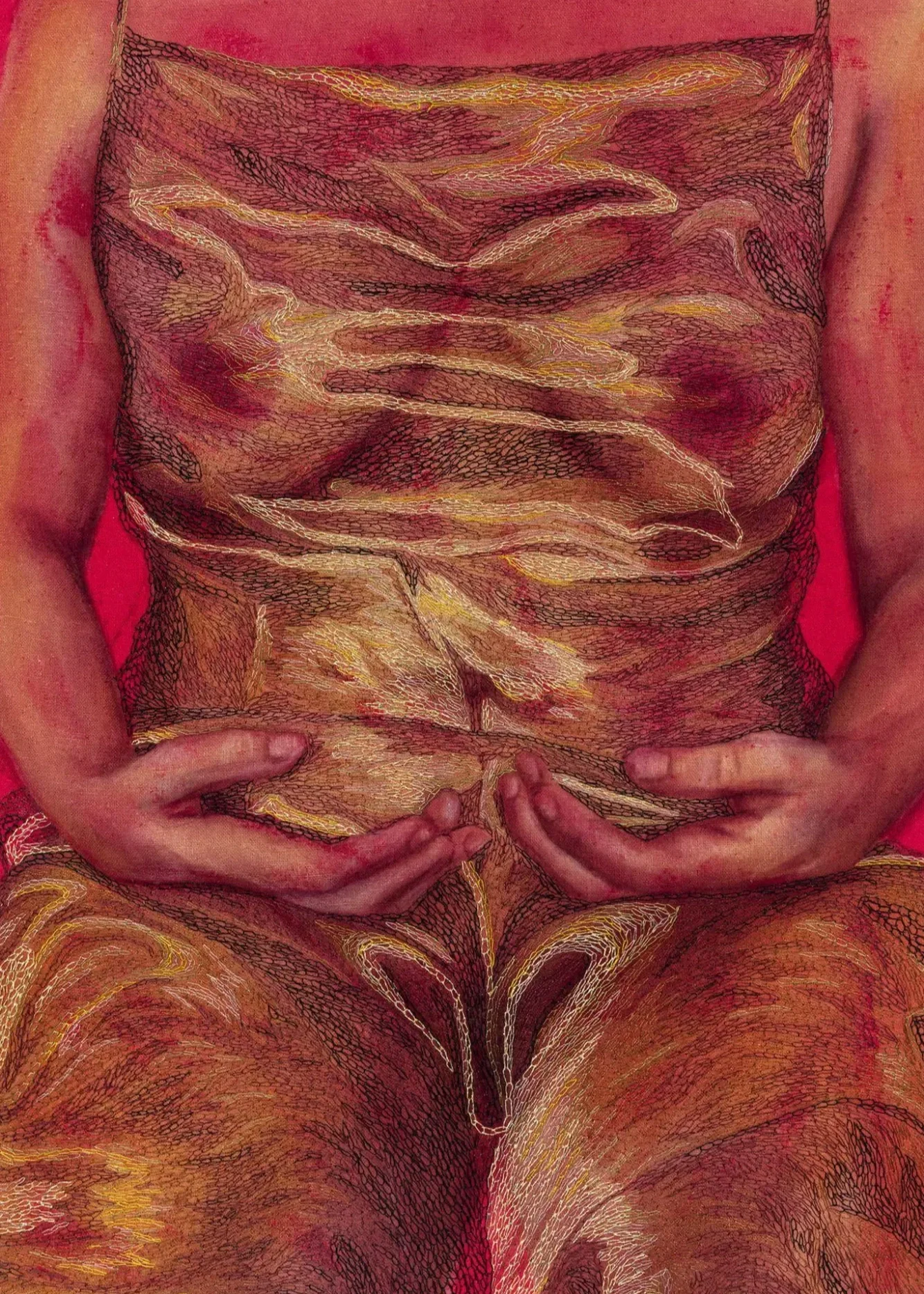 Katarina Riesing Katarina Riesing is an artist based in Arizona. She uses dye and embroidery on silk to depict zoomed-in bodies. Her self portraits are cropped and adorned with pattern and texture to emphasize the strange topographies of the female f