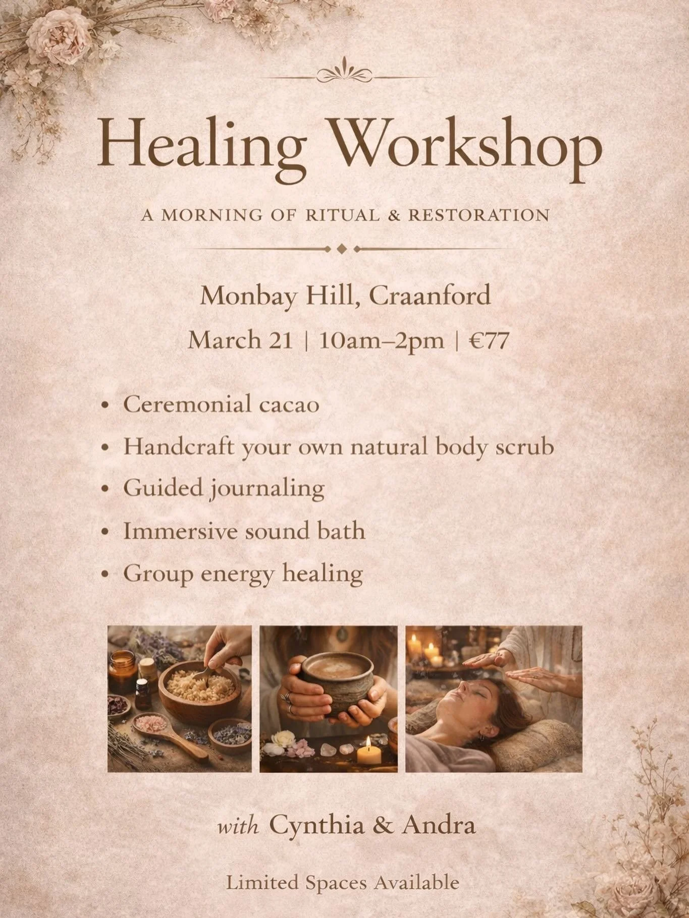 🌿 HEALING WORKSHOP 🌿
A Morning of Ritual &amp; Restoration

📍 Monbay Hill, Craanford
🗓 Saturday 21st March
⏰ 10am &ndash; 2pm
💫 &euro;77

Join us for a deeply nourishing half-day immersion of creativity, connection and healing.

We&rsquo;ll begi