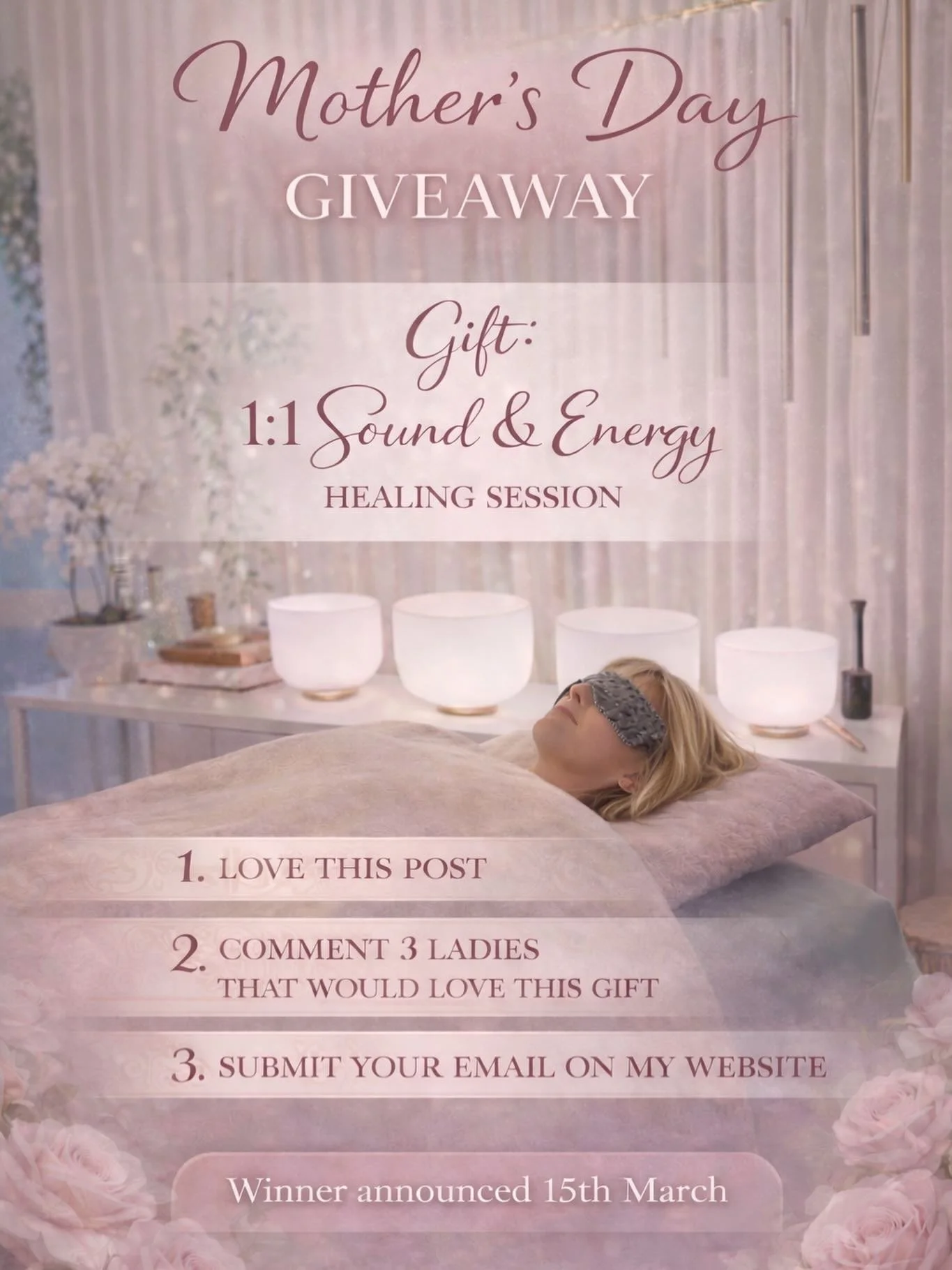 🌸 MOTHER&rsquo;S DAY GIVEAWAY 🌸

Win a 1:1 Sound &amp; Energy Healing Session 🤍✨

A beautiful opportunity to spoil one special woman with deep relaxation, crystal sound healing and gentle energy work 🌷

HOW TO ENTER:

🌷 Love this post
🌷 Comment