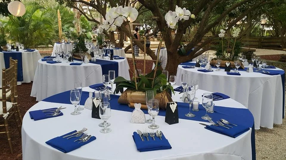 Outdoor wedding reception setup with round tables covered with white tablecloths and royal blue table runners, adorned with elegant glassware, silverware, and blue napkins. A floral centerpiece with white orchids and green leaves is in the center of the main table under a tree with lush greenery elsewhere.