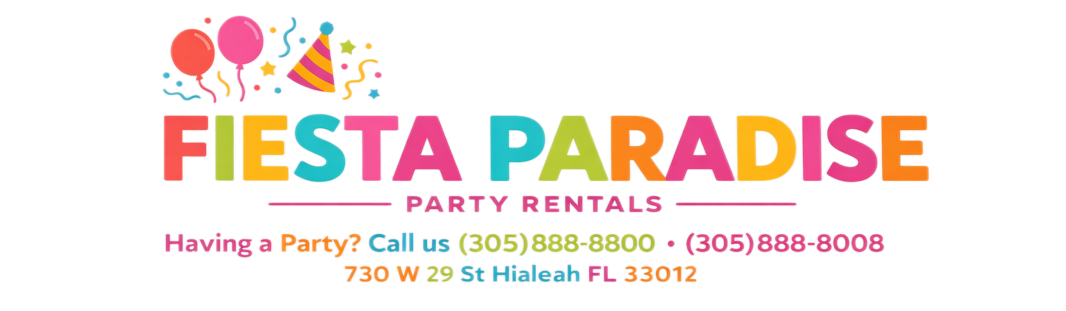 Colorful logo for Fiesta Paradise Party Rentals with balloons, party hats, and confetti, including phone number, address in Hialeah, Florida, and a question 'Having a Party?'