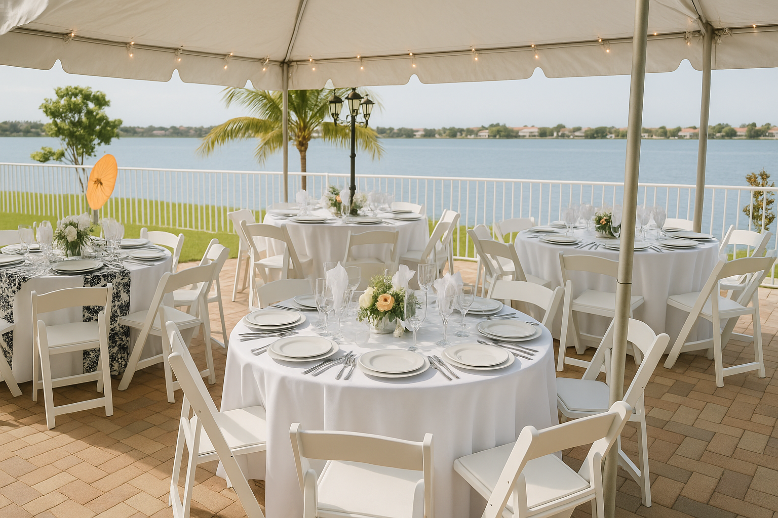 Under a white tent, round tables with white tablecloths are set for an outdoor event by a lake. Tables have place settings with plates, silverware, glasses, and small floral centerpieces. The background features a lake, a railing, palm trees, and a clear sky.