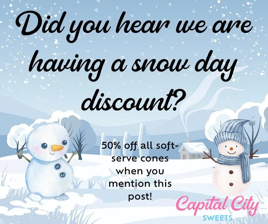 If it&rsquo;s a snow day, we&rsquo;re calling it a soft serve day ❄️🍦

Swing by Capital City Sweets and enjoy 50% OFF any soft serve item today only! Valid on cones, cups, and flurries! 

Cold outside, sweet inside 😌