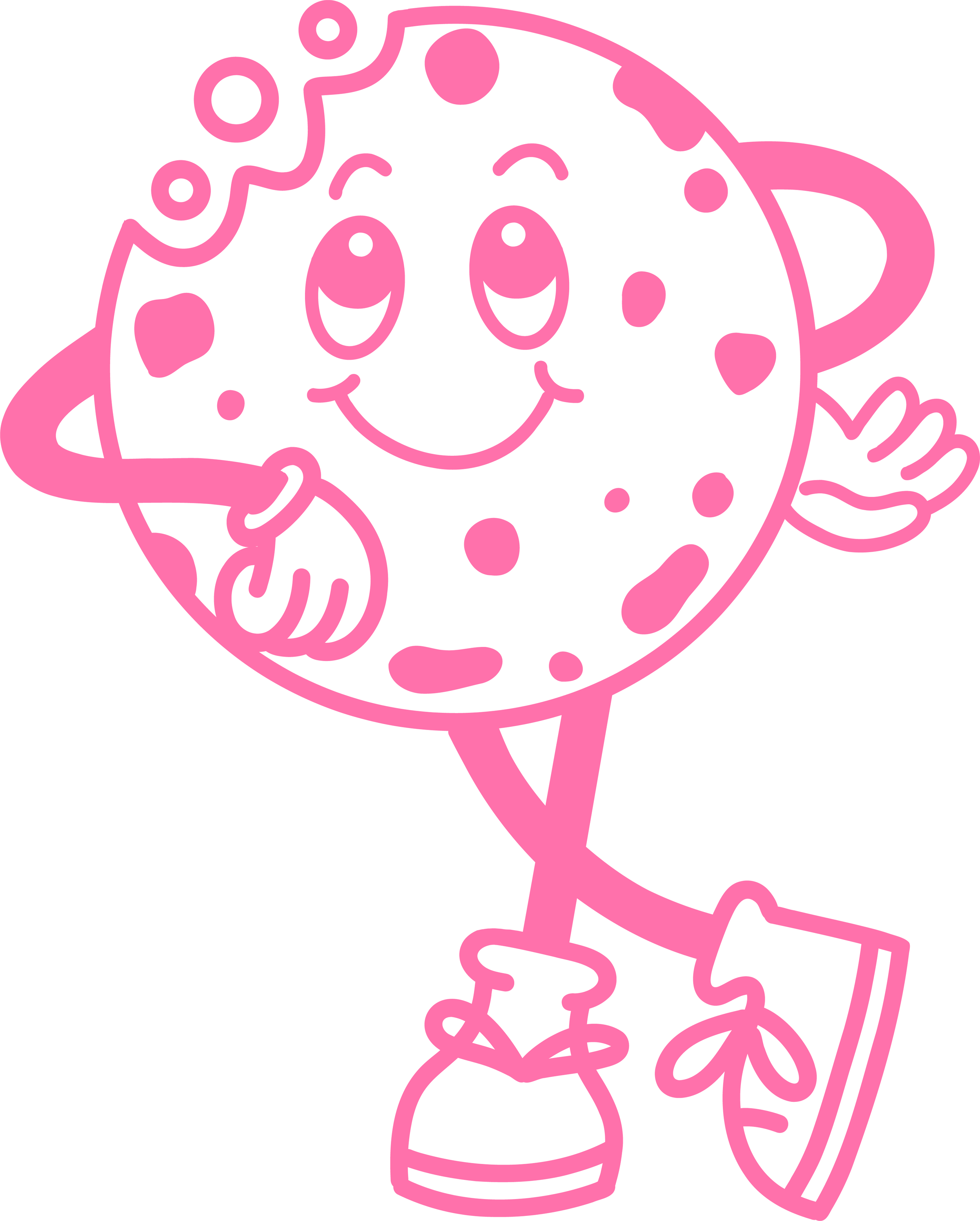 Cartoon cookie character with a smiling face, arms, legs, sneakers, and a cheerful pose.