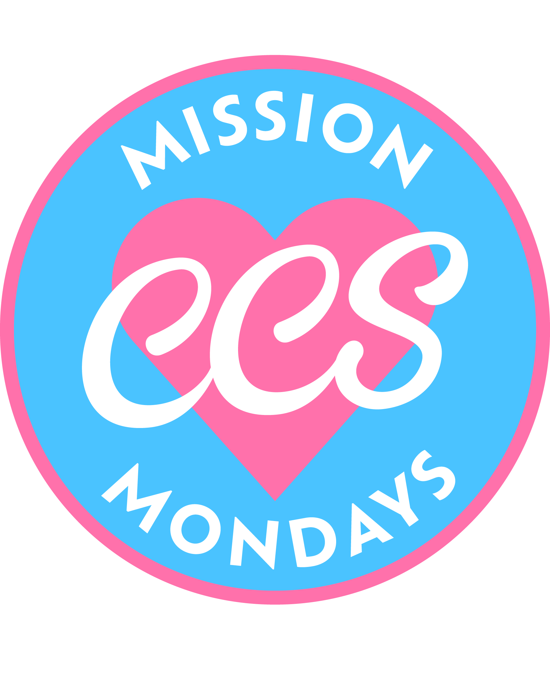 A circular logo with a blue background, pink border, and a pink heart in the center. The text "MISSION" is at the top and "MONDAYS" at the bottom in white, with the word "c'es" in large white cursive letters across the heart.