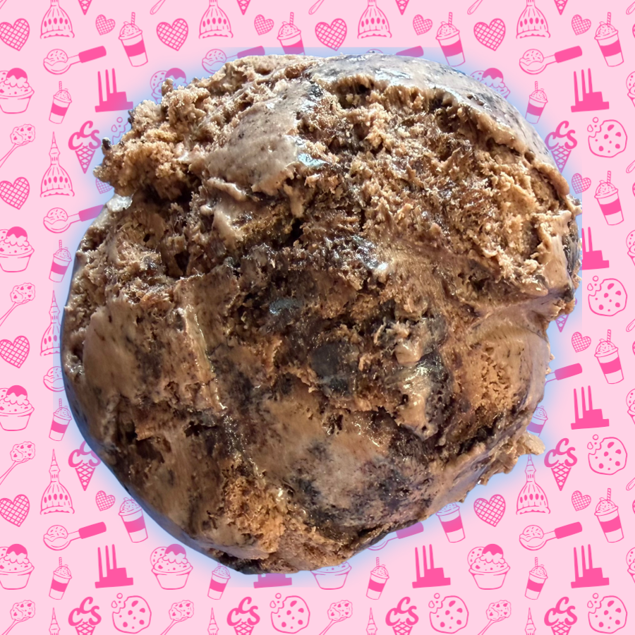Chocolate ice cream with thick fudge swirls on a pink Capital City Sweets patterned background.