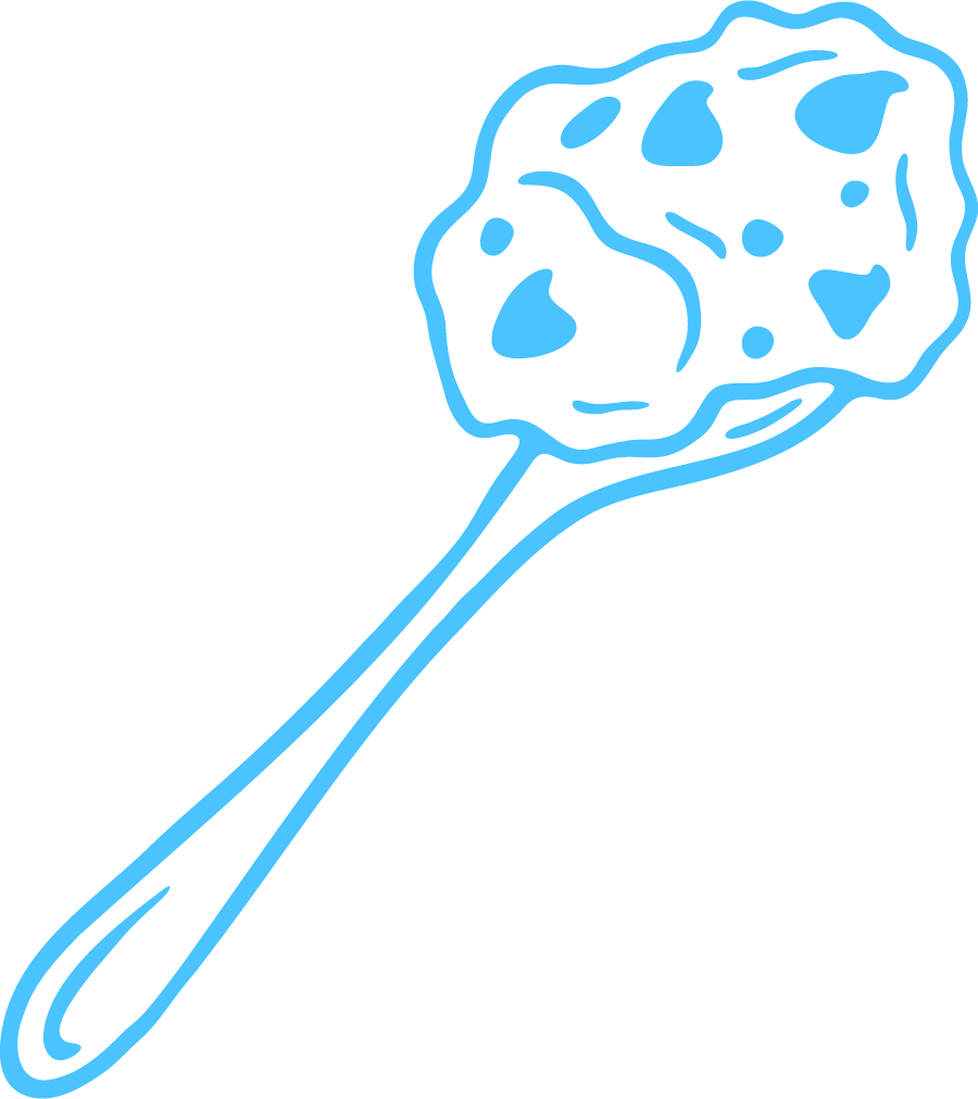 Blue outlined illustration of a spoonful of ice cream with chocolate chips.