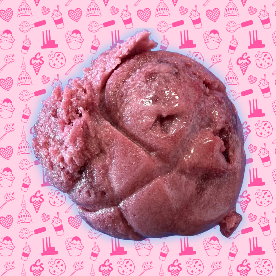Deep pink dairy-free raspberry sorbet scoop with a smooth, refreshing texture on a pink Capital City Sweets patterned background.
