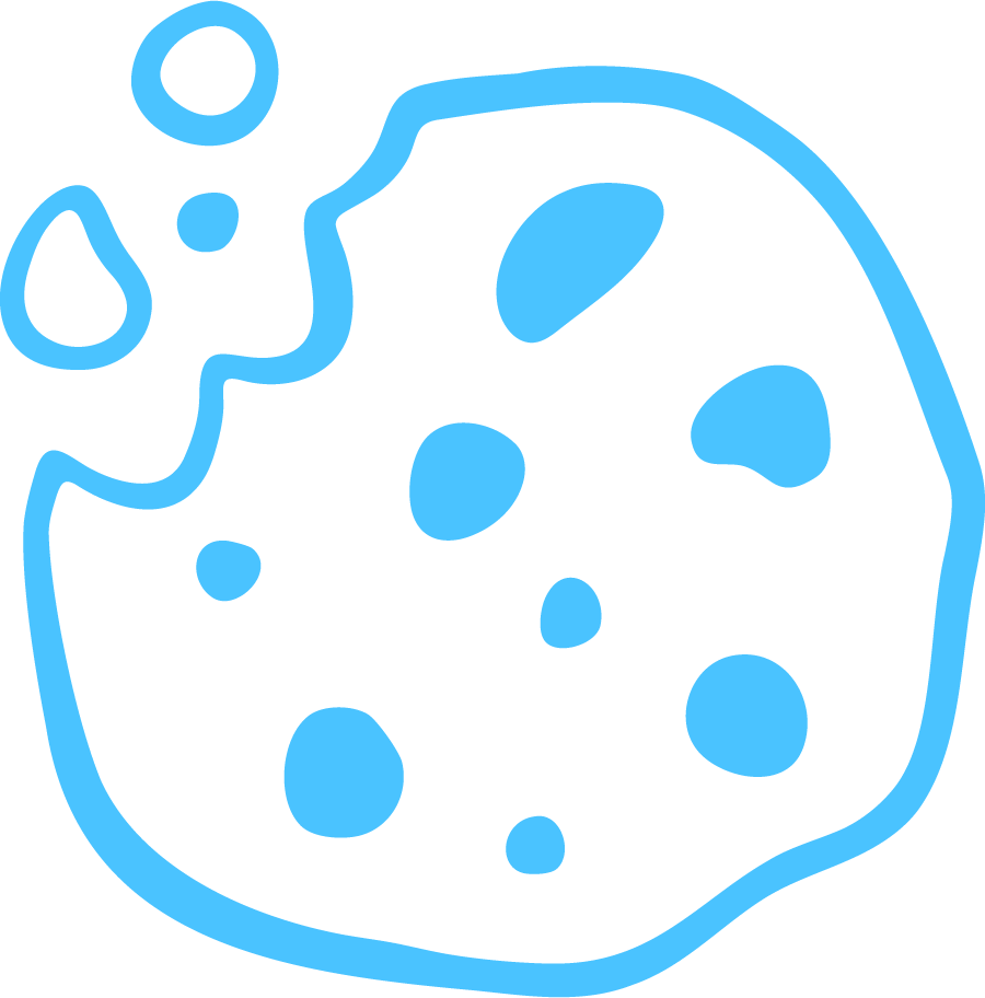 Outline drawing of a chocolate chip cookie with some chips on top and a bite taken out.