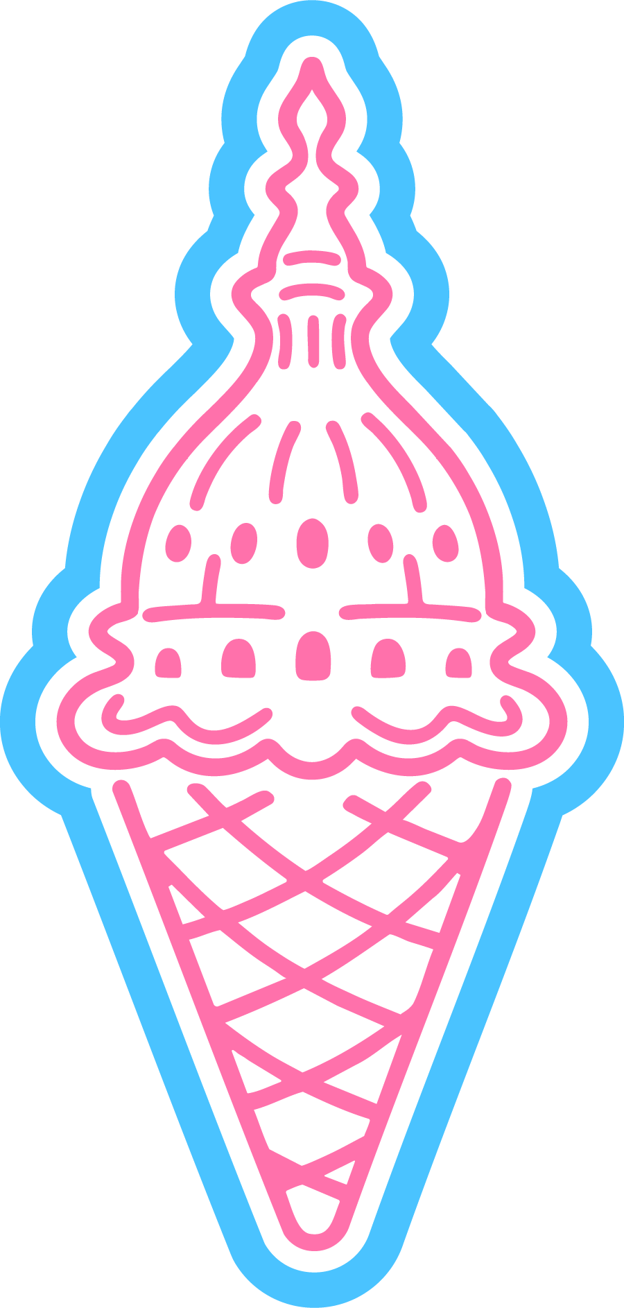 Neon sign of an ice cream cone with multiple scoops, outlined in pink and blue.