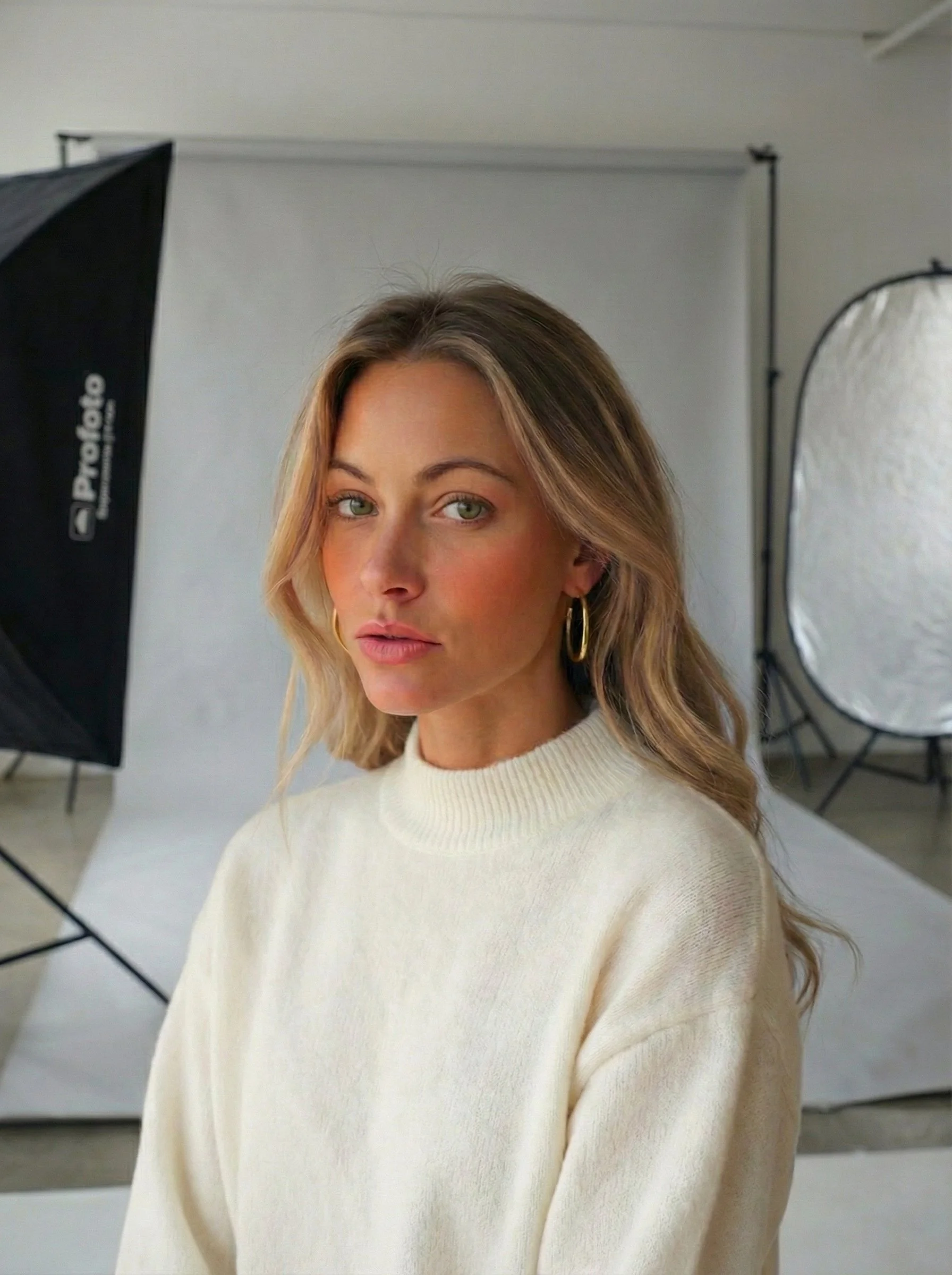 A woman with blonde hair and hoop earrings posing in a photography studio with professional lighting equipment around her.