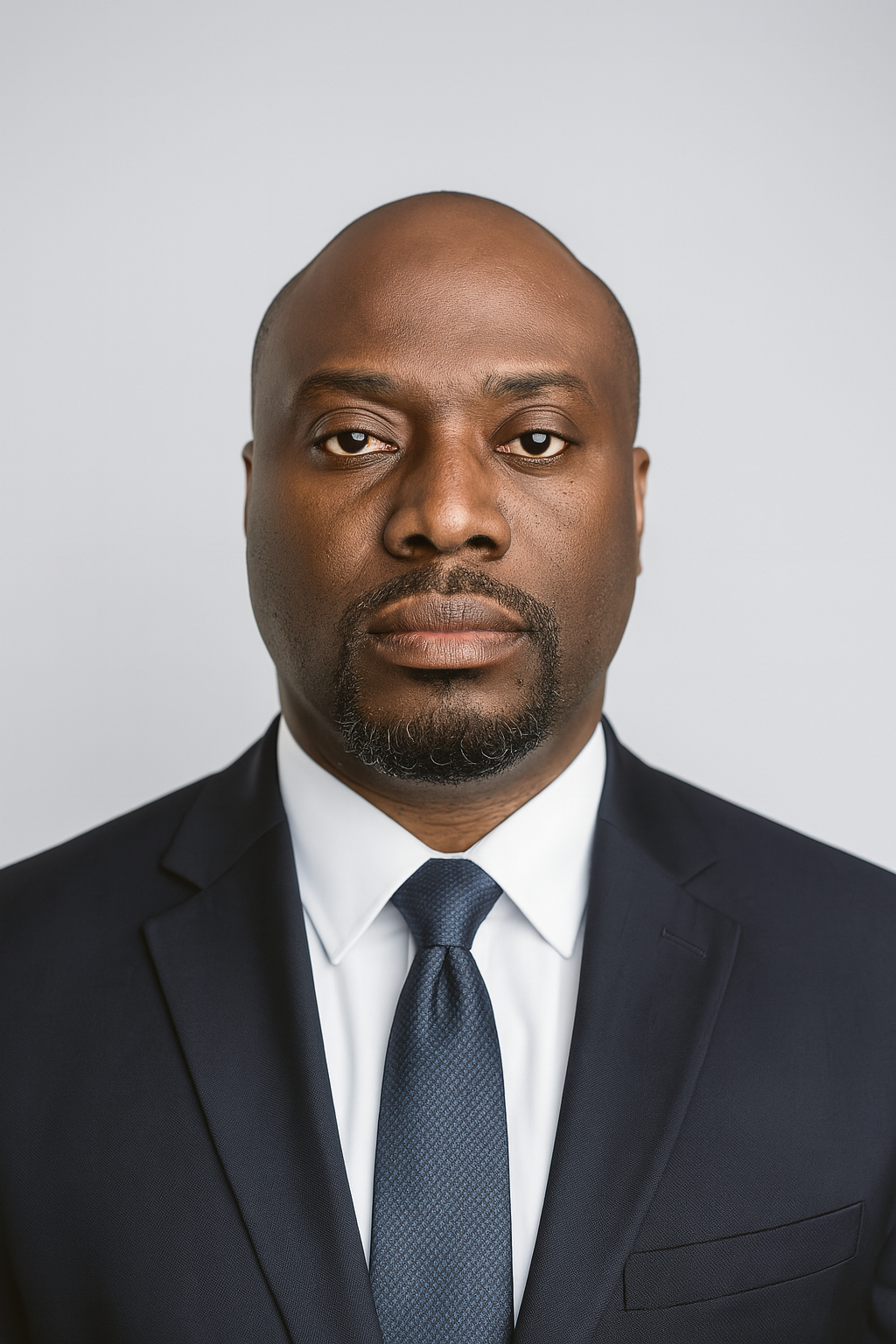 Professional headshot of a Black man in a dark suit, white shirt, and navy tie, with a neutral expression against a plain light background.