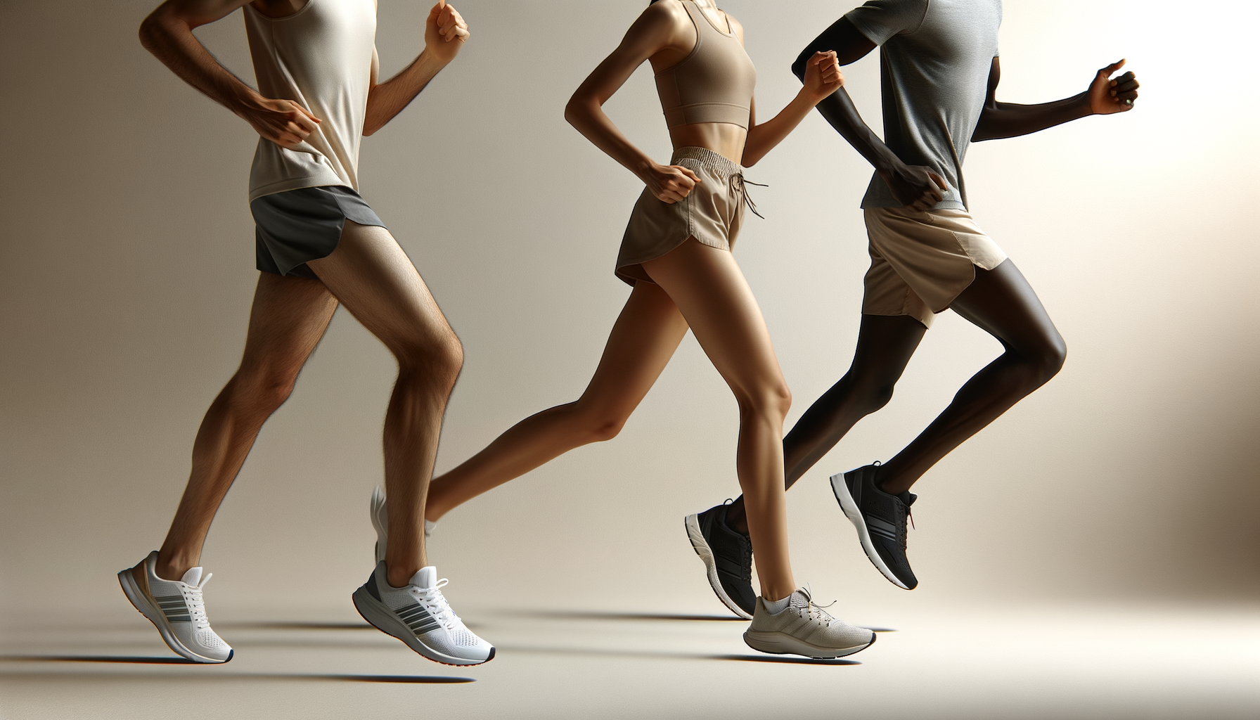 Three people running side by side, wearing athletic clothing and sneakers, against a plain background.