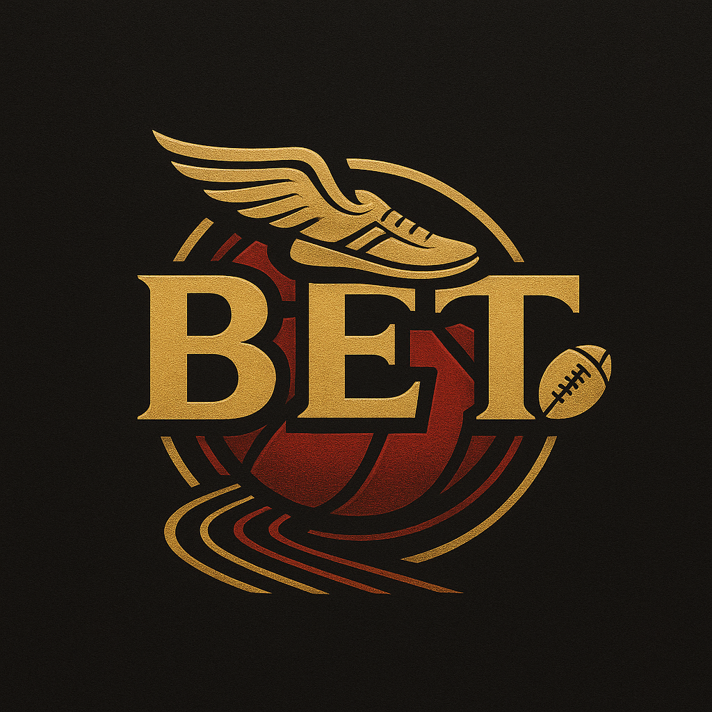 A logo with a football and wing design, featuring the word "BET" in large gold letters with a red background, on a black background.