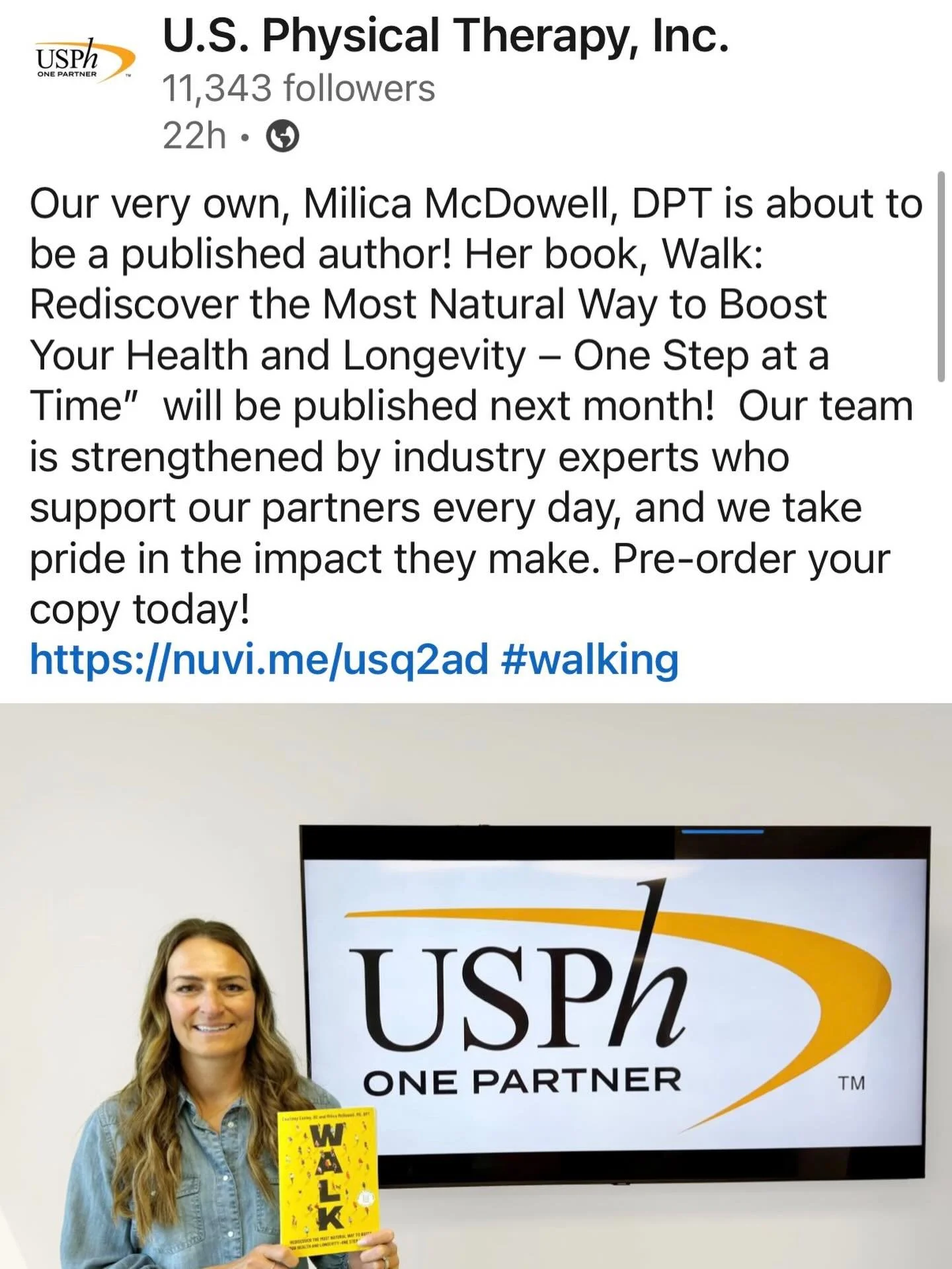 So honored to be recognized by the team at @usphysicaltherapy !! #walk #newbook #health #physicaltherapist