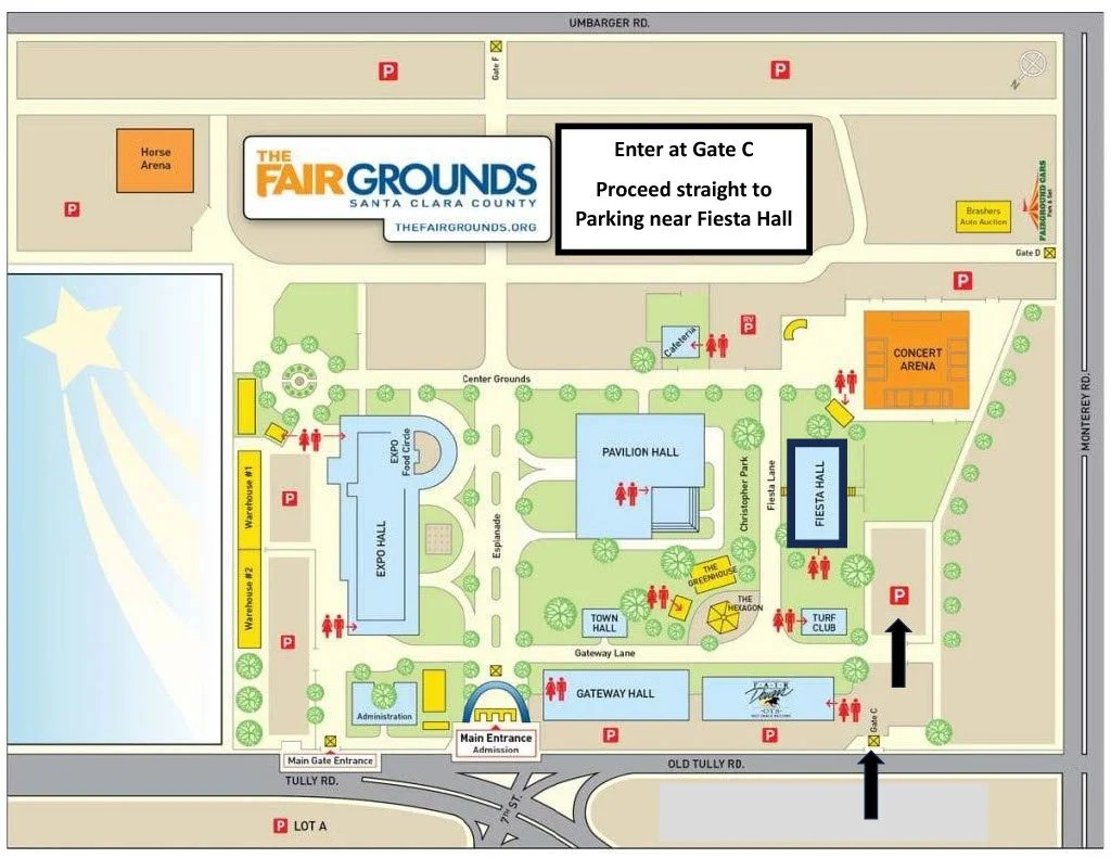 Map of The Fairgrounds in Santa Clara County showing entrances, parking areas, buildings including Expo Hall, Pavilion Hall, Concert Arena, Fiesta Hall, Gateway Hall, and Turf Club, along with pathways and landmarks like horse arena, and directions to gates.