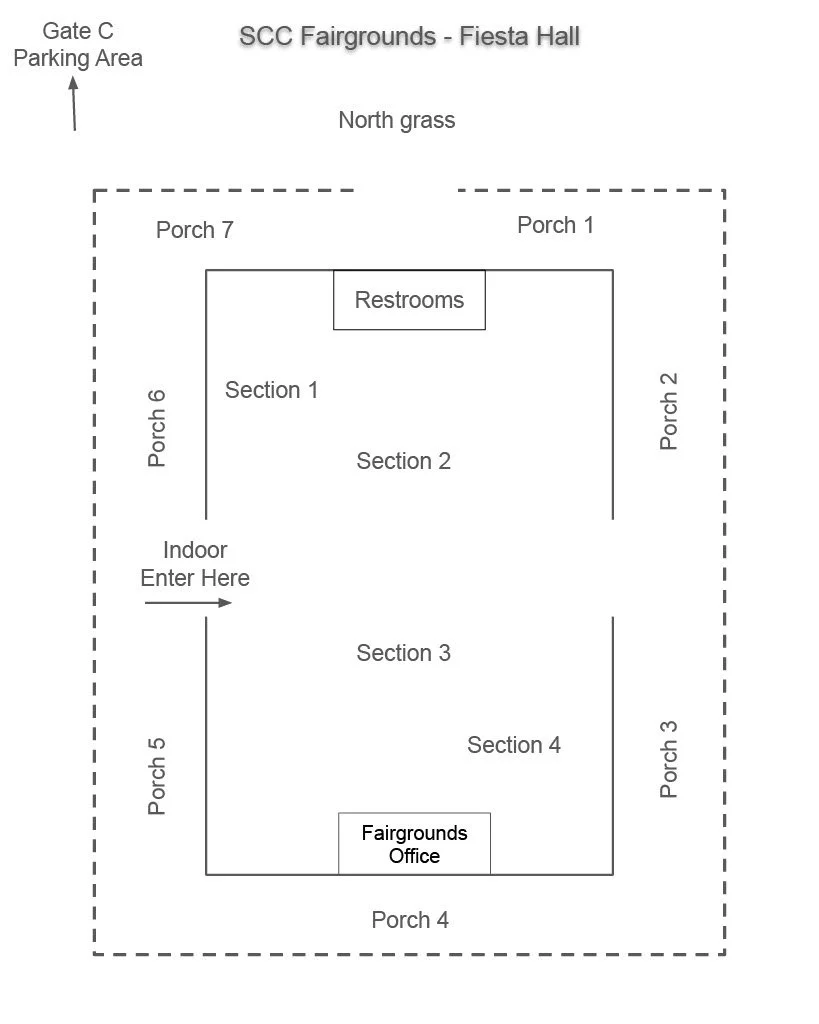 A site map of the SCC Fairgrounds Fiesta Hall layout, showing parking areas, porches, sections, restrooms, and the fairgrounds office.
