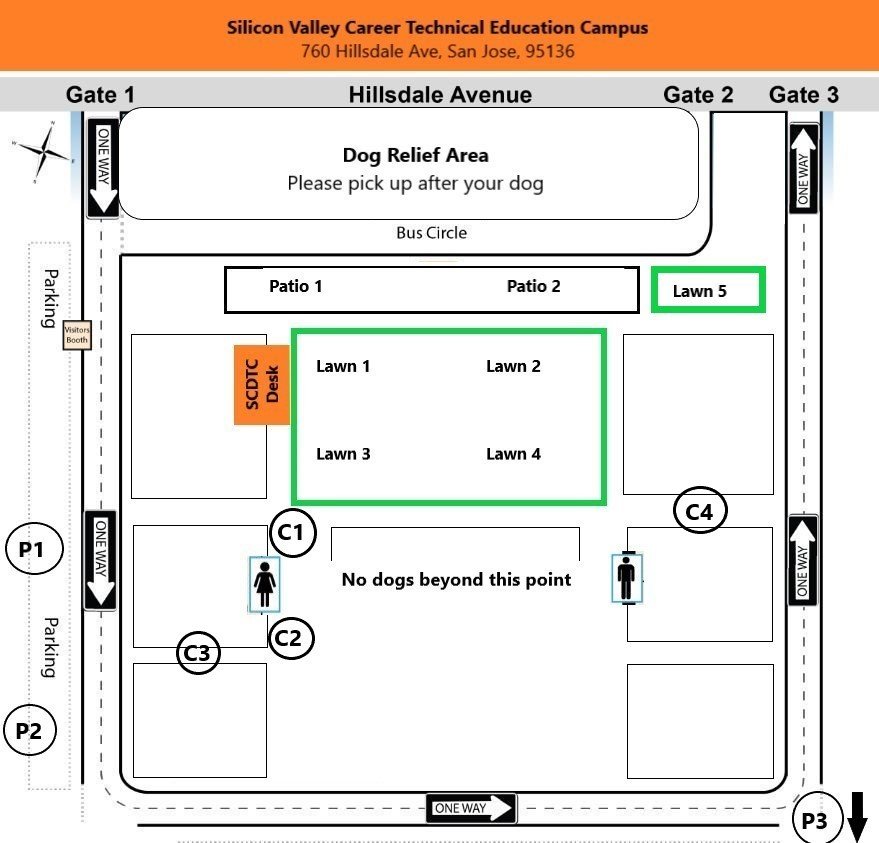 Site map of Silicon Valley Career Technical Education Campus at 760 Hillsdale Ave, San Jose. Shows gates, parking, building entrances, picnic areas, lawns, patio areas, restrooms, and a dog relief area with signs for pick-up. Features labeled zones including patios, lawns, the SCCTC desk, and no-dogs zone.