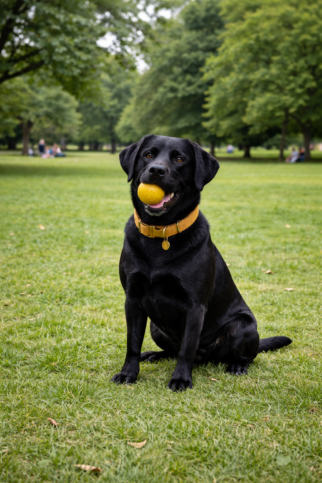 A black Labrador retriever sitting on green grass in a park, holding a yellow tennis ball in its mouth.