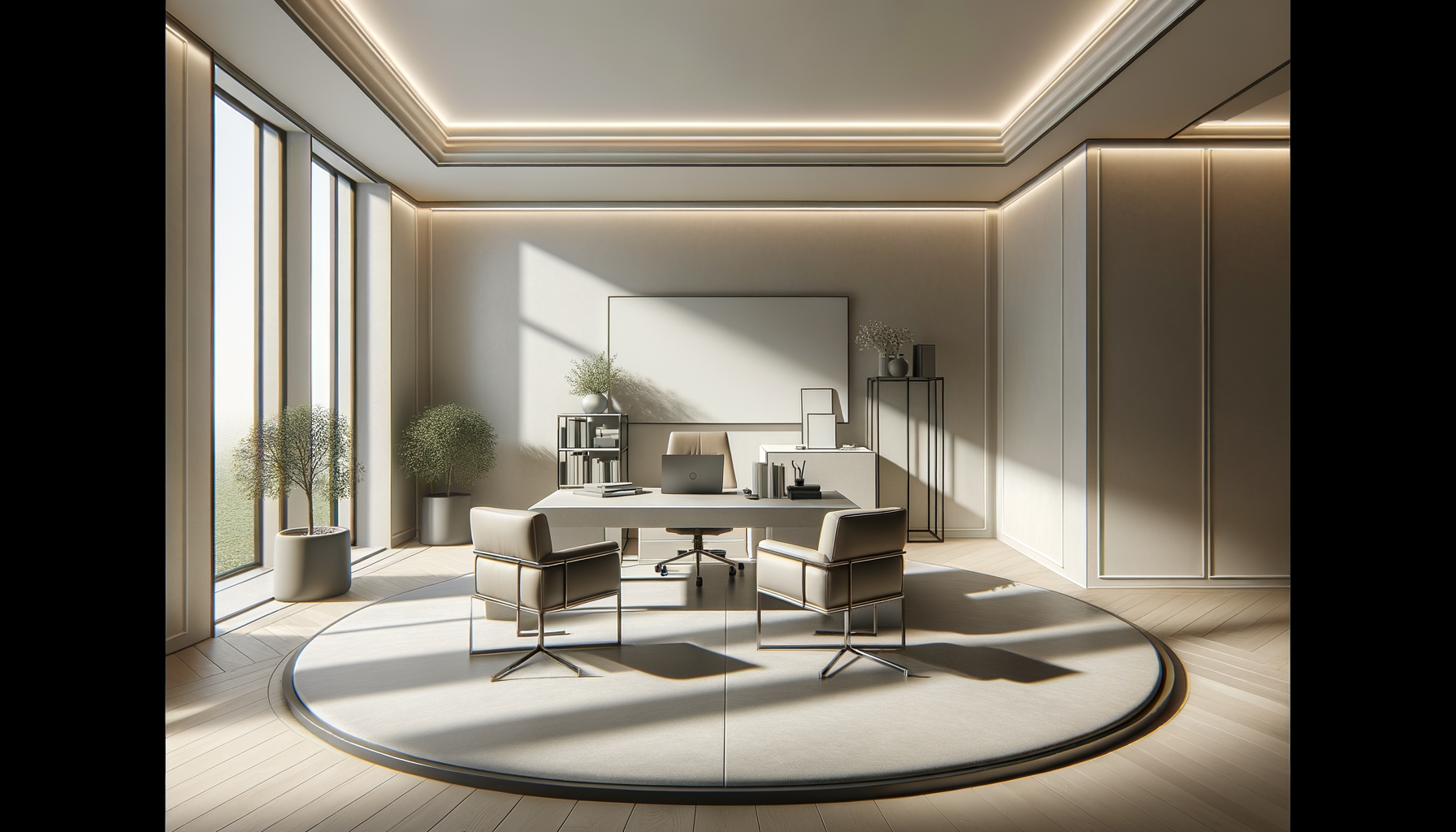 Modern office with a desk, two chairs, a whiteboard, and potted plants, illuminated by natural sunlight through large windows.
