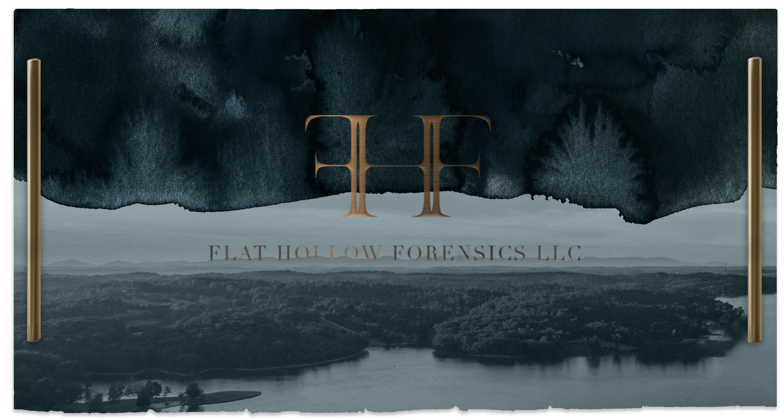 Business sign for Flat Hollow Forensics LLC with a dark blue and gray landscape background and gold accents.