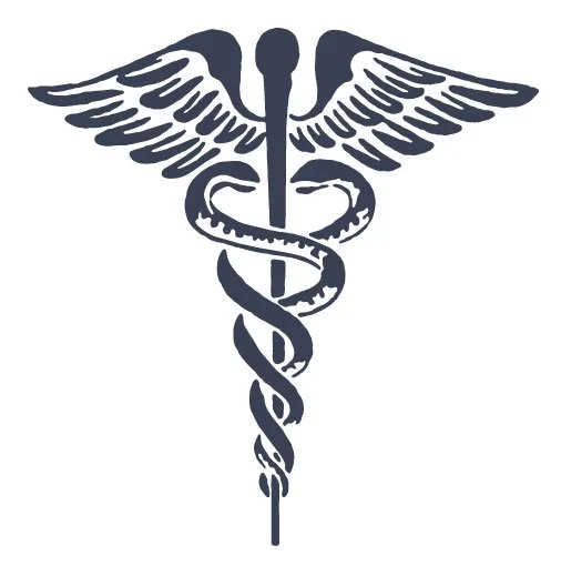 A caduceus symbol featuring a staff with a single serpent coiled around it, and wings at the top.
