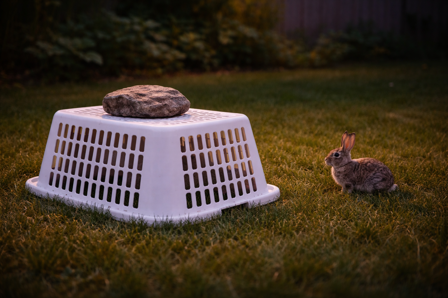 A rabbit sits in dusk light on a lawn next to an upside-down white laundry basket with a large rock on it.