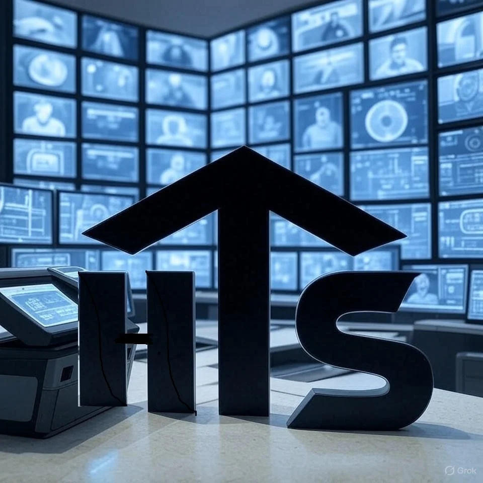 A large black arrow pointing upwards, with the letters 'h' and 's' on either side, placed on a desk with a computer and monitors showing a control room or surveillance footage in the background.