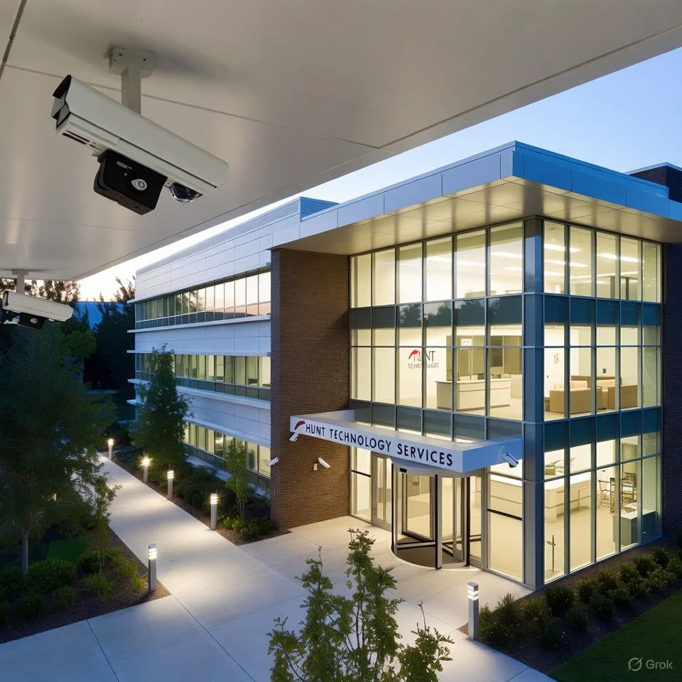 AI Modern office building with large glass windows and a sign that reads 'Hunt Technology Services' at the entrance, surrounded by trees, bushes, and a lit walkway at dusk.
